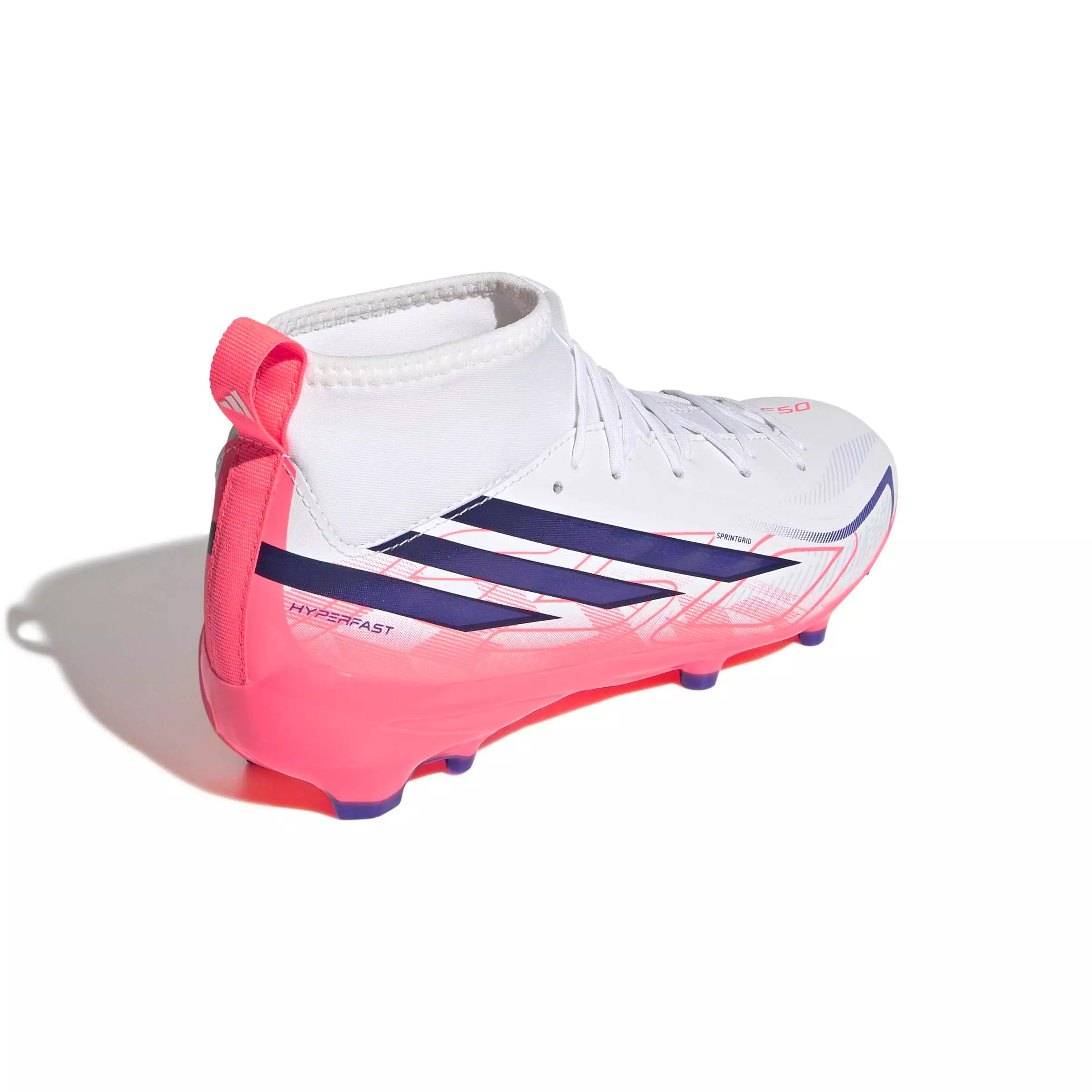 adidas F50 Hyperfast League Mid FG "Solar Turbo" Grade School Kids' Soccer Cleat - CLOUD WHITE/SOLAR PURPLE/SOLAR TURBO