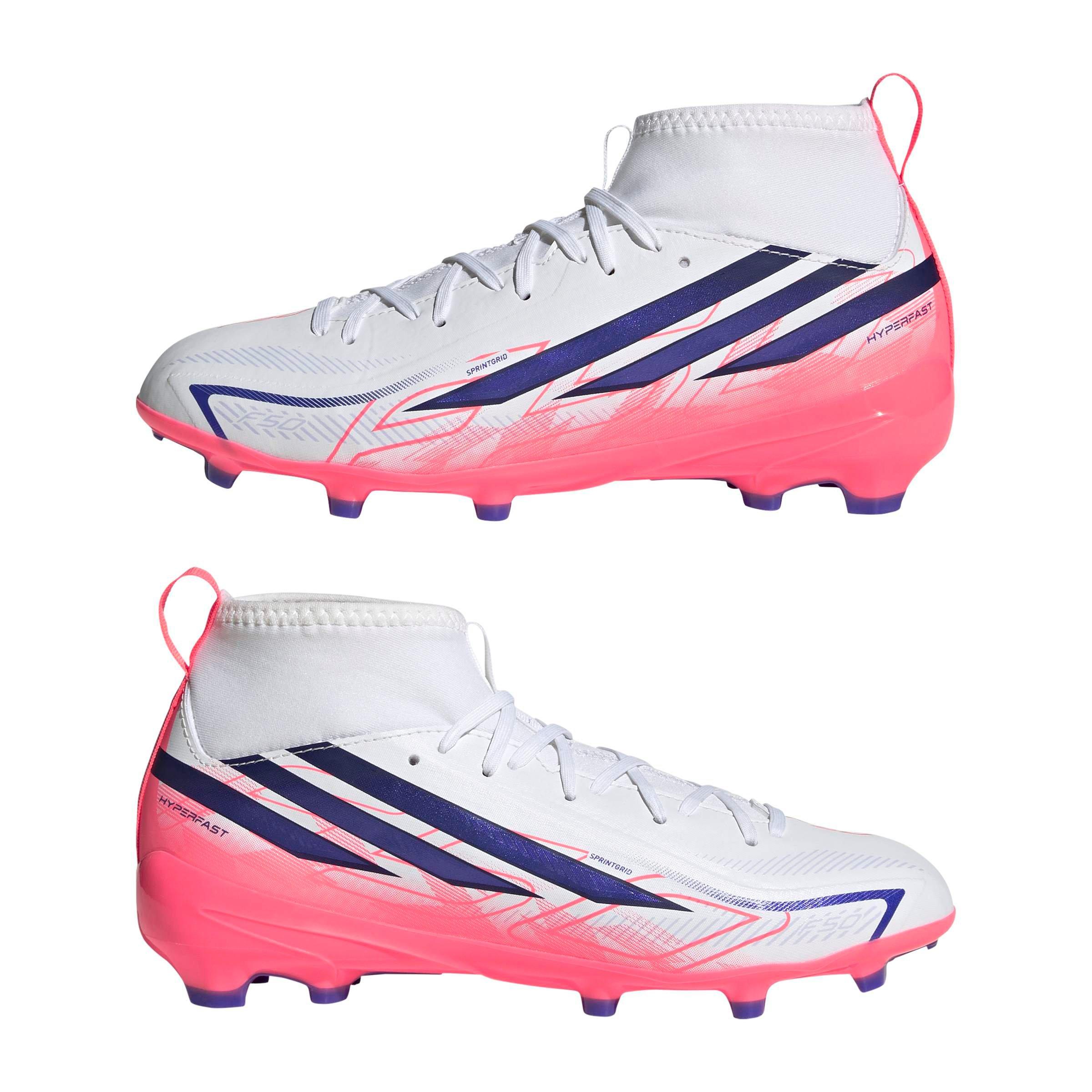 adidas F50 Hyperfast League Mid FG "Solar Turbo" Grade School Kids' Soccer Cleat - CLOUD WHITE/SOLAR PURPLE/SOLAR TURBO Thumbnail View 8