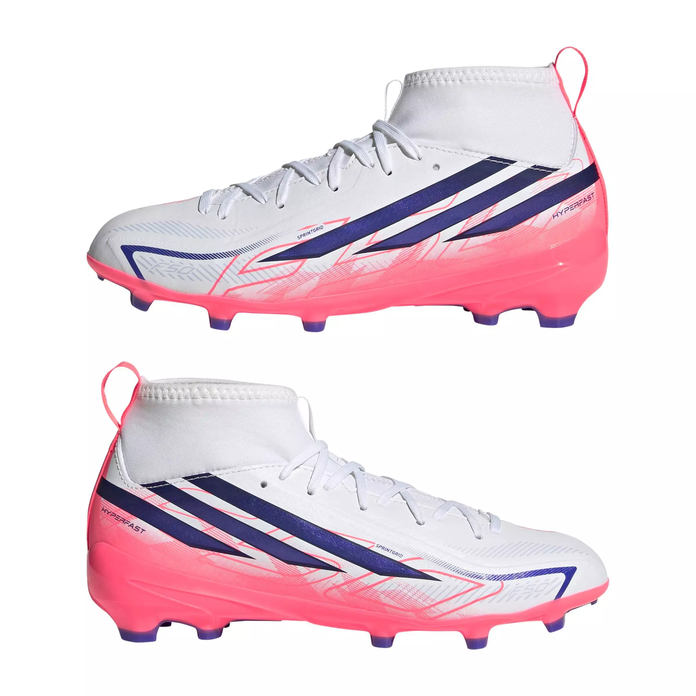 adidas F50 Hyperfast League Mid FG "Solar Turbo" Grade School Kids' Soccer Cleat - CLOUD WHITE/SOLAR PURPLE/SOLAR TURBO
