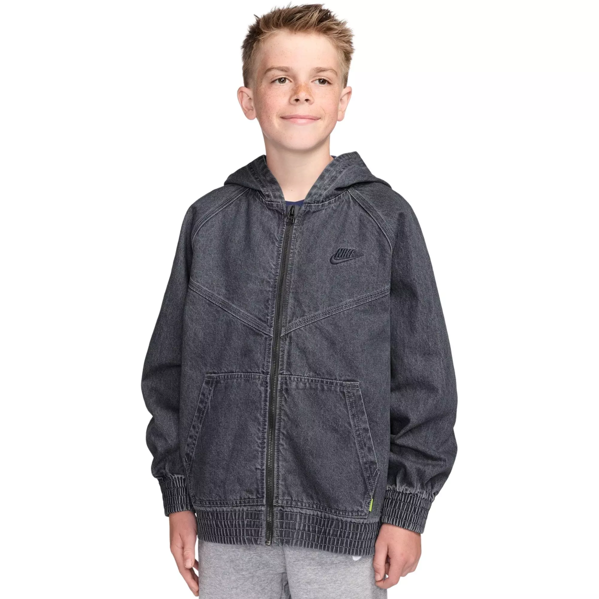 Nike Big Boys' Sportswear Collection Full-Zip Hooded Denim Jacket - GREY