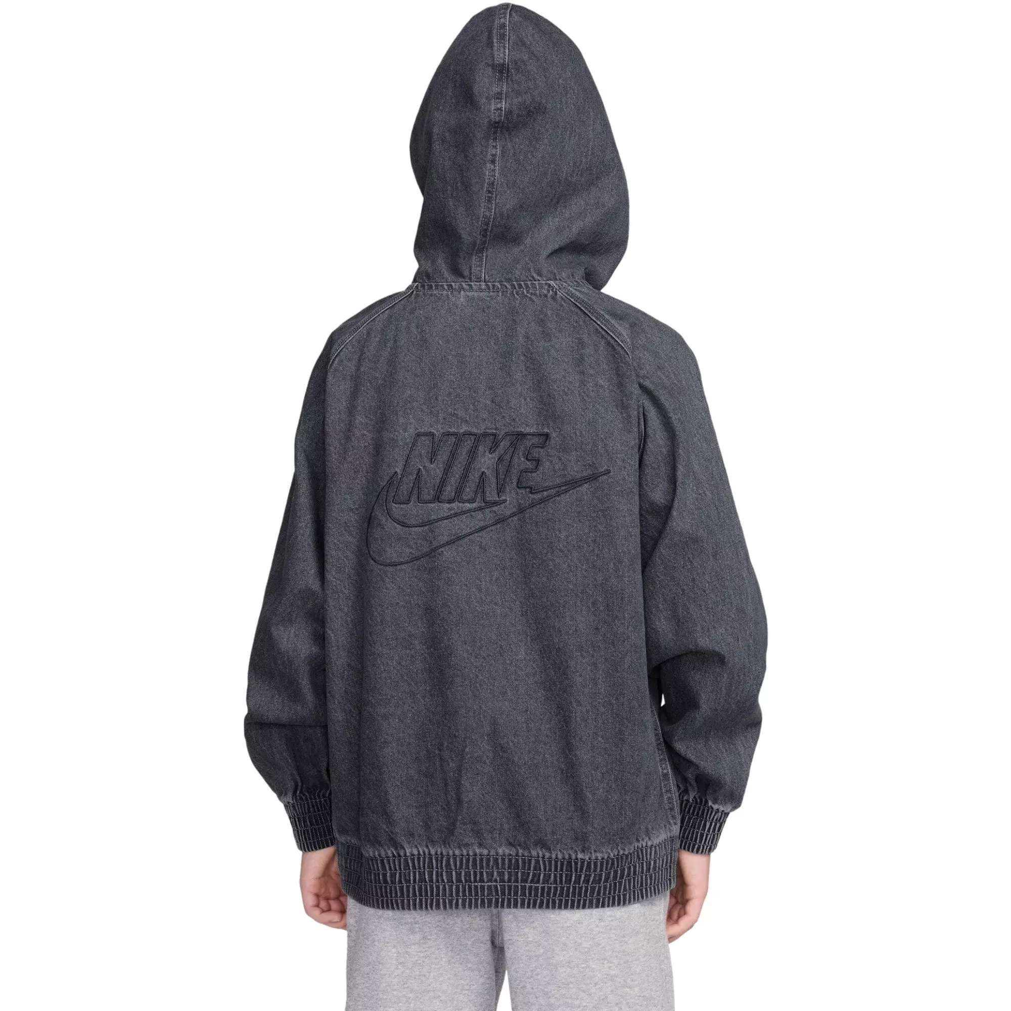 Nike Big Boys' Sportswear Collection Full-Zip Hooded Denim Jacket - GREY