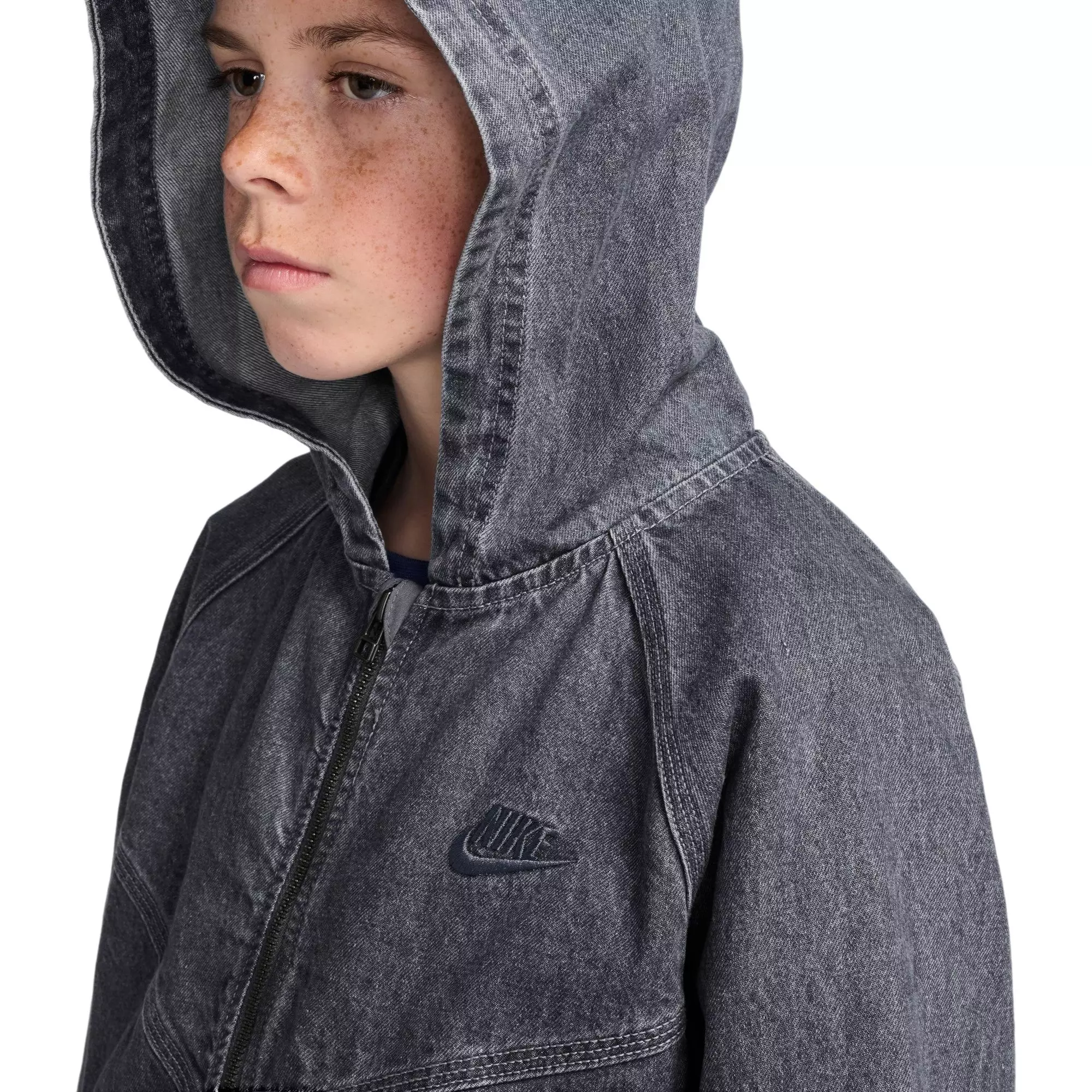 Nike Big Boys' Sportswear Collection Full-Zip Hooded Denim Jacket - GREY