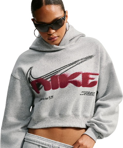Nike Women's Studio Fleece Cropped Graphic Hoodie - Grey/Red - GREY/RED Thumbnail View 1