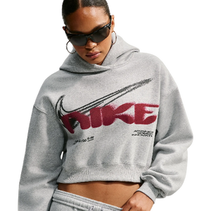 Nike Women's Studio Fleece Cropped Graphic Hoodie - Grey/Red