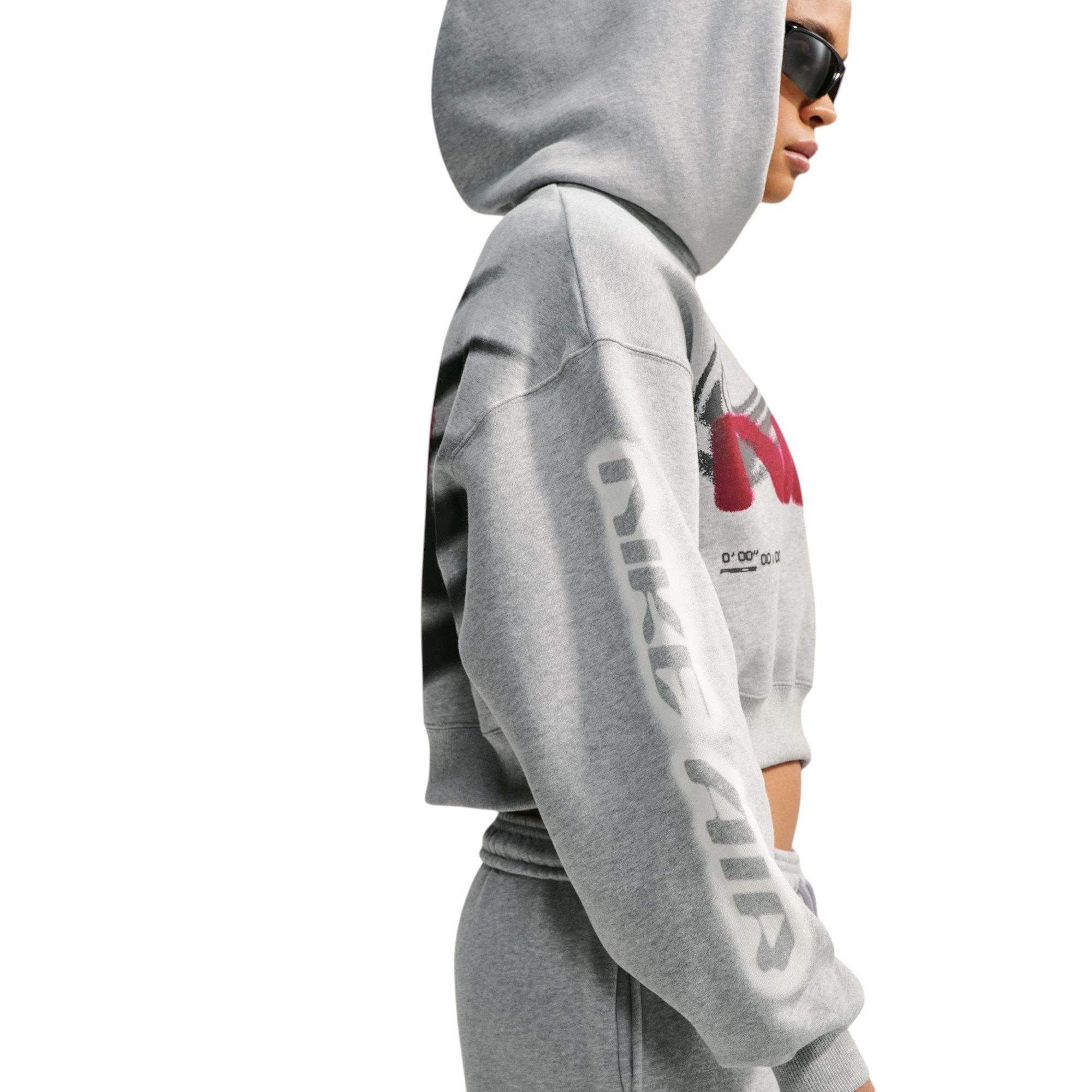 Nike Women's Studio Fleece Cropped Graphic Hoodie - Grey/Red - GREY/RED Thumbnail View 3