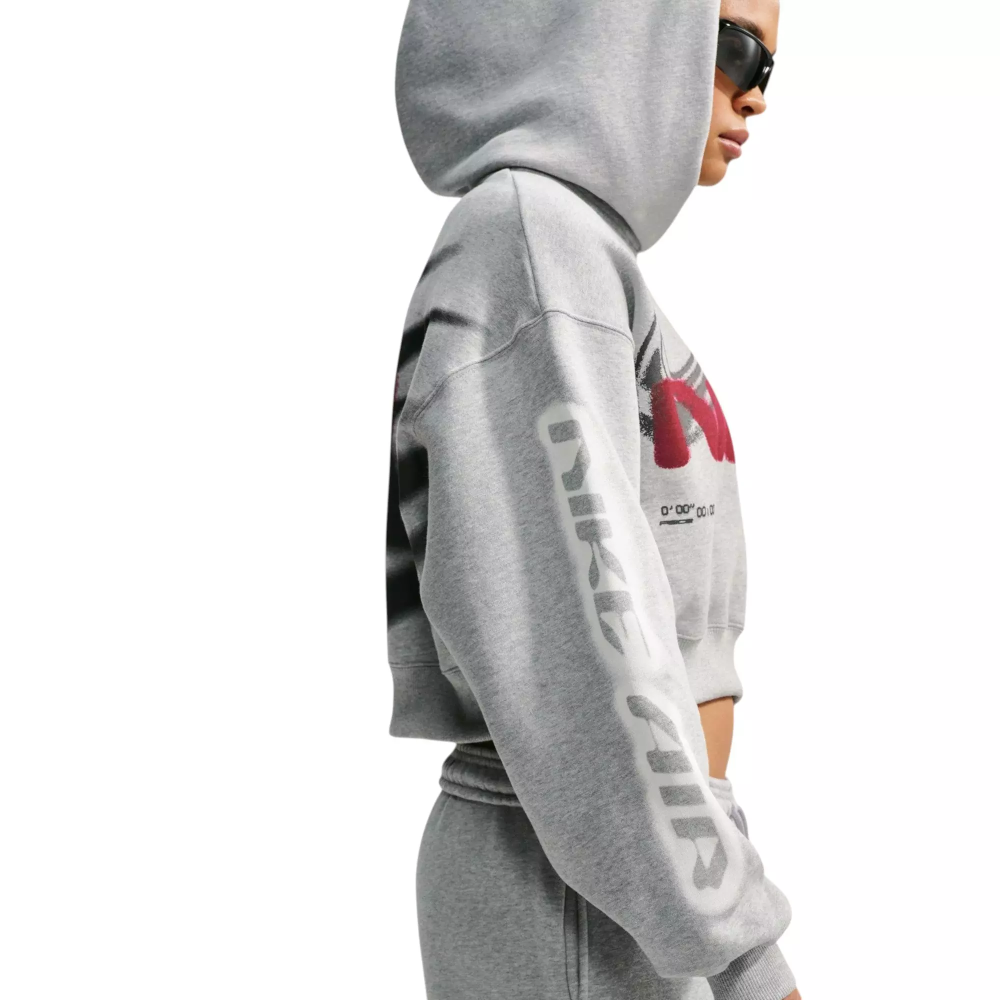 Nike Women's Studio Fleece Cropped Graphic Hoodie - Grey/Red - GREY/RED