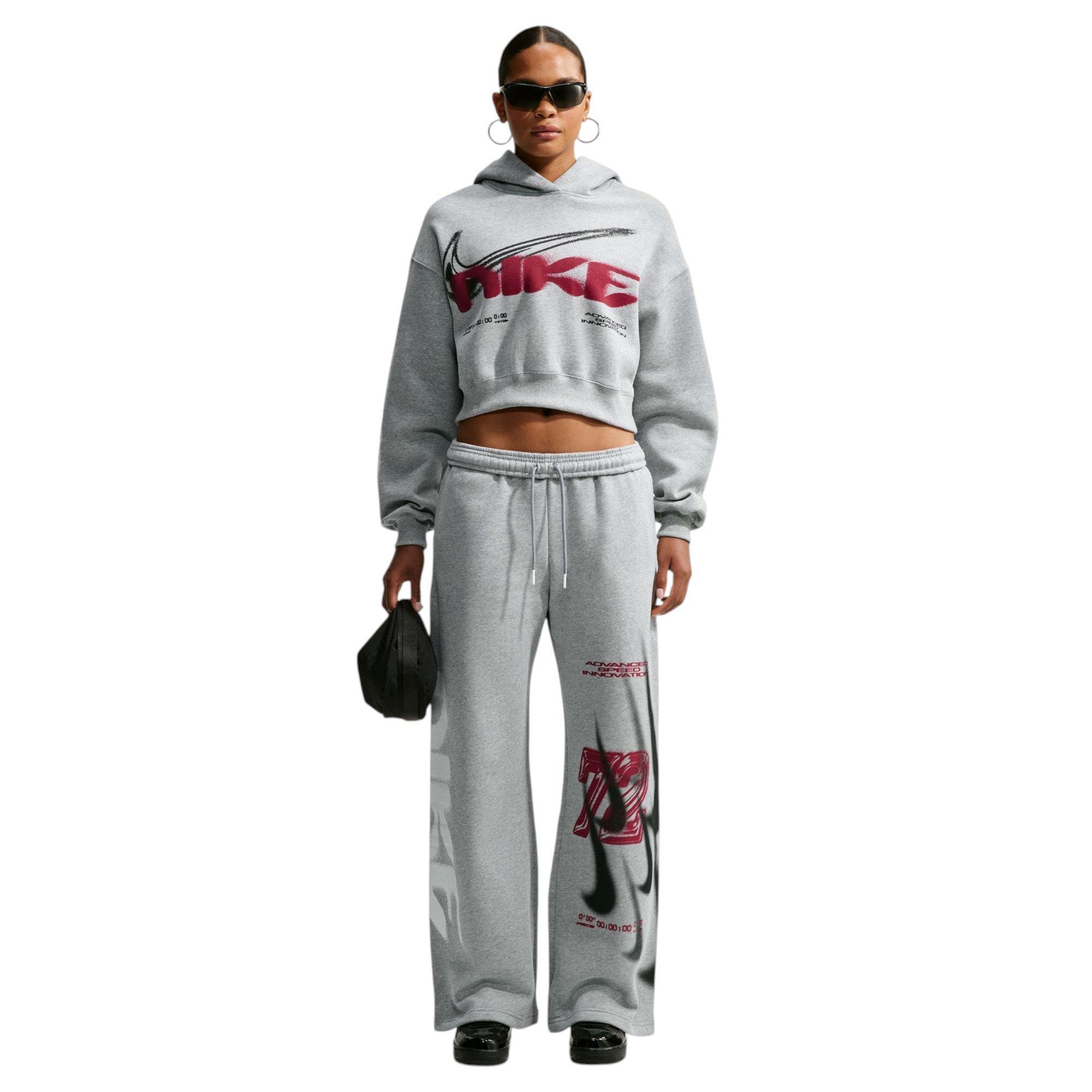 Nike Women's Studio Fleece Cropped Graphic Hoodie - Grey/Red - GREY/RED Thumbnail View 5