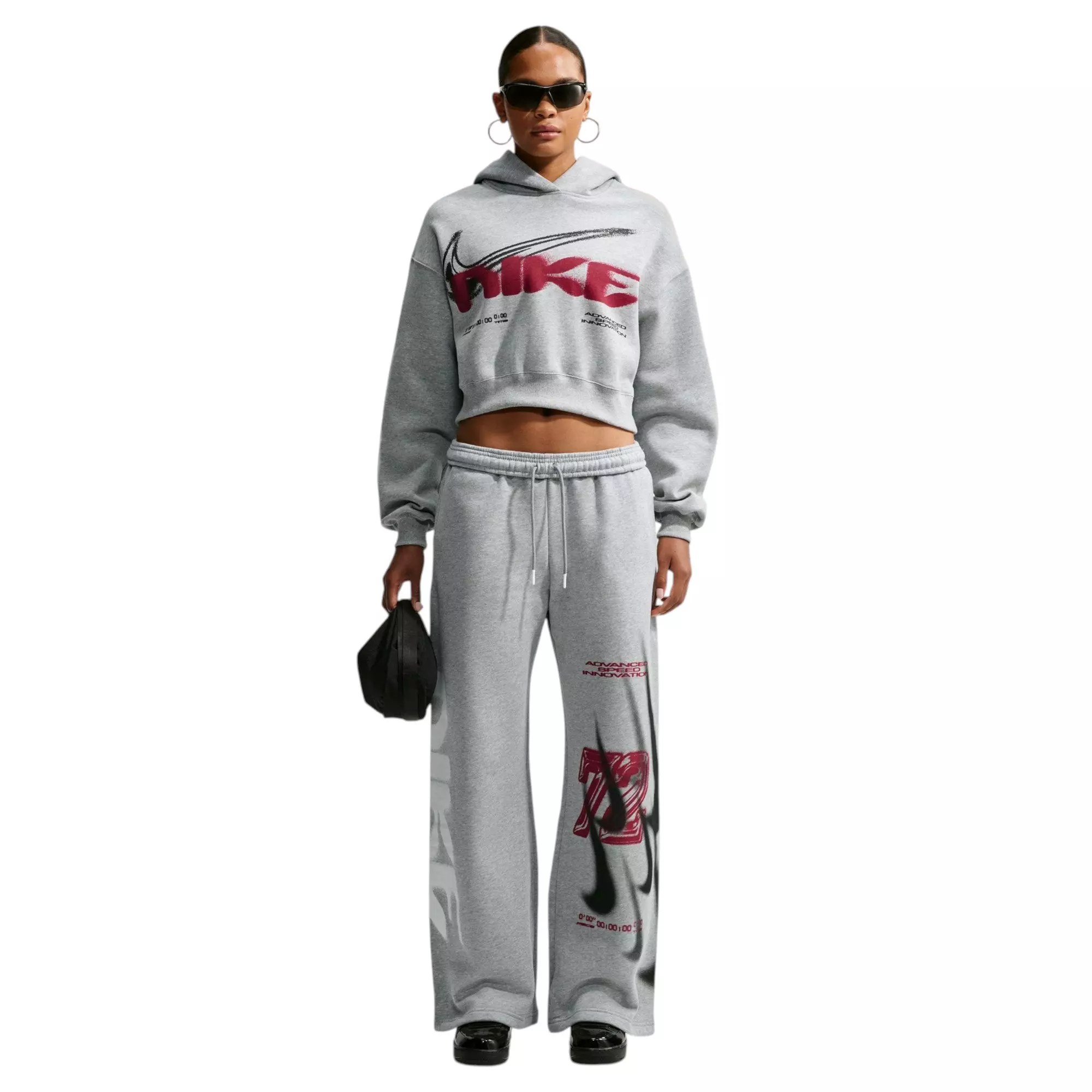 Nike Women's Studio Fleece Cropped Graphic Hoodie - Grey/Red - GREY/RED