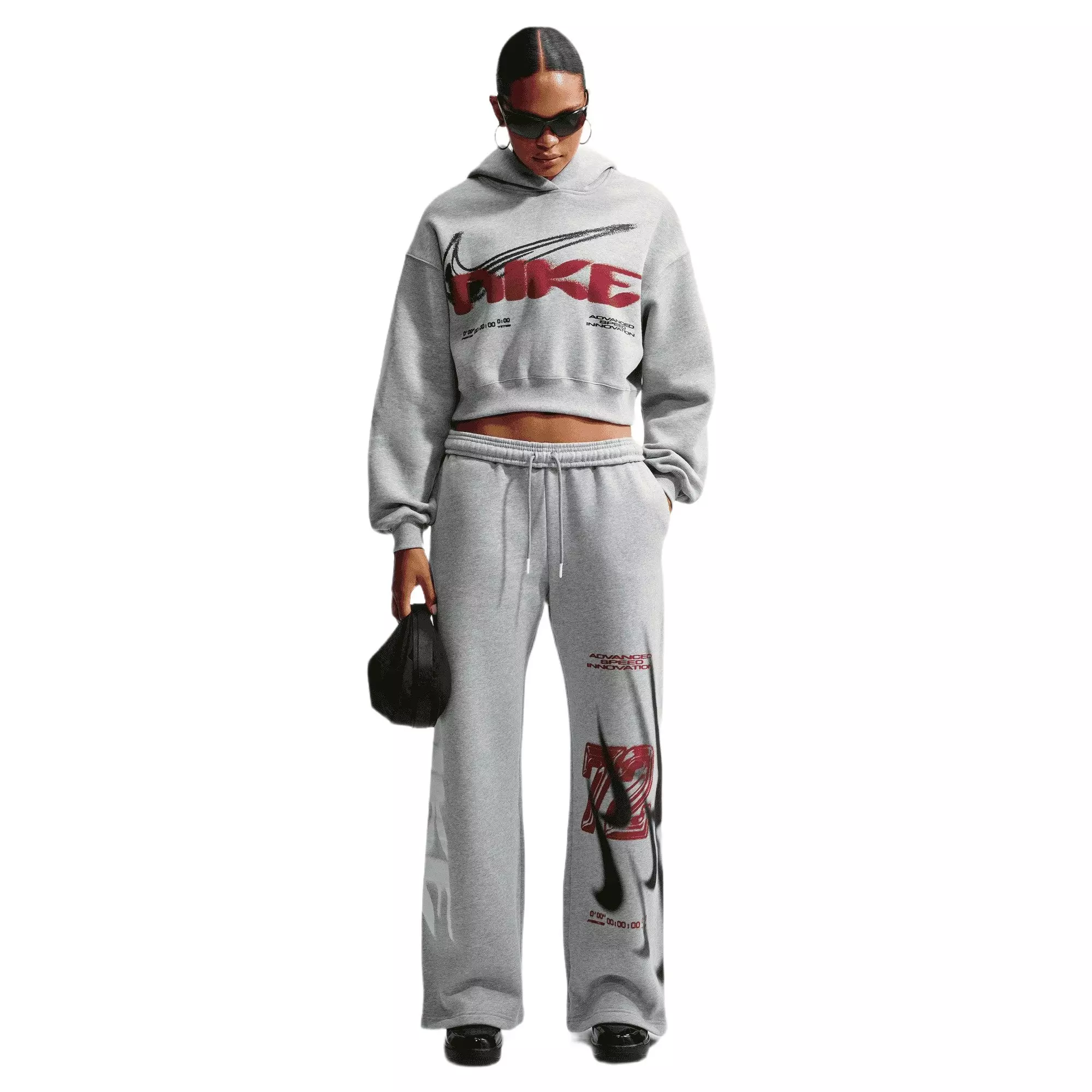 Nike Women's Studio Fleece Medium Weight Oversized High-Rise Straight-Leg Graphic Pants - GREY/RED