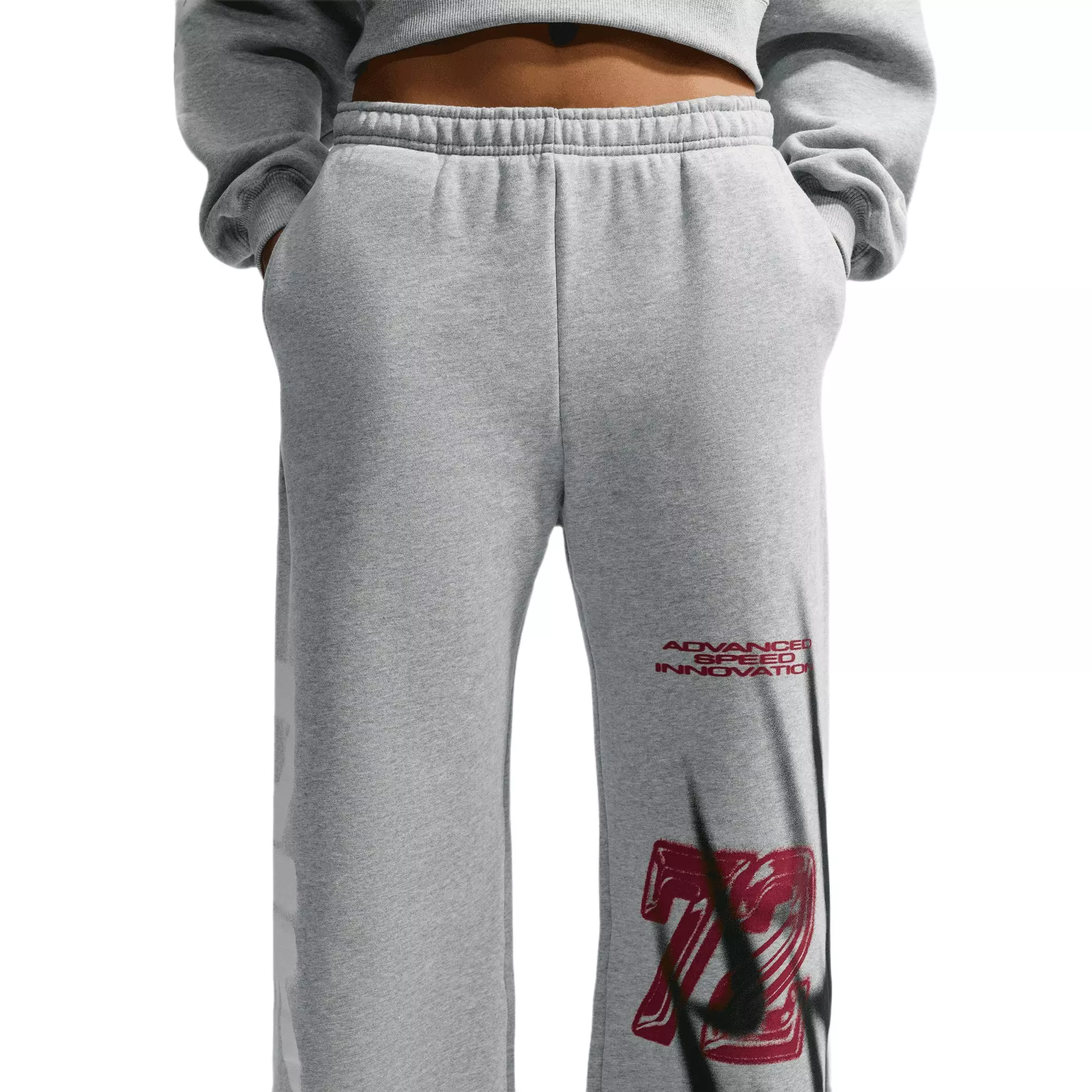 Nike Women's Studio Fleece Medium Weight Oversized High-Rise Straight-Leg Graphic Pants - GREY/RED