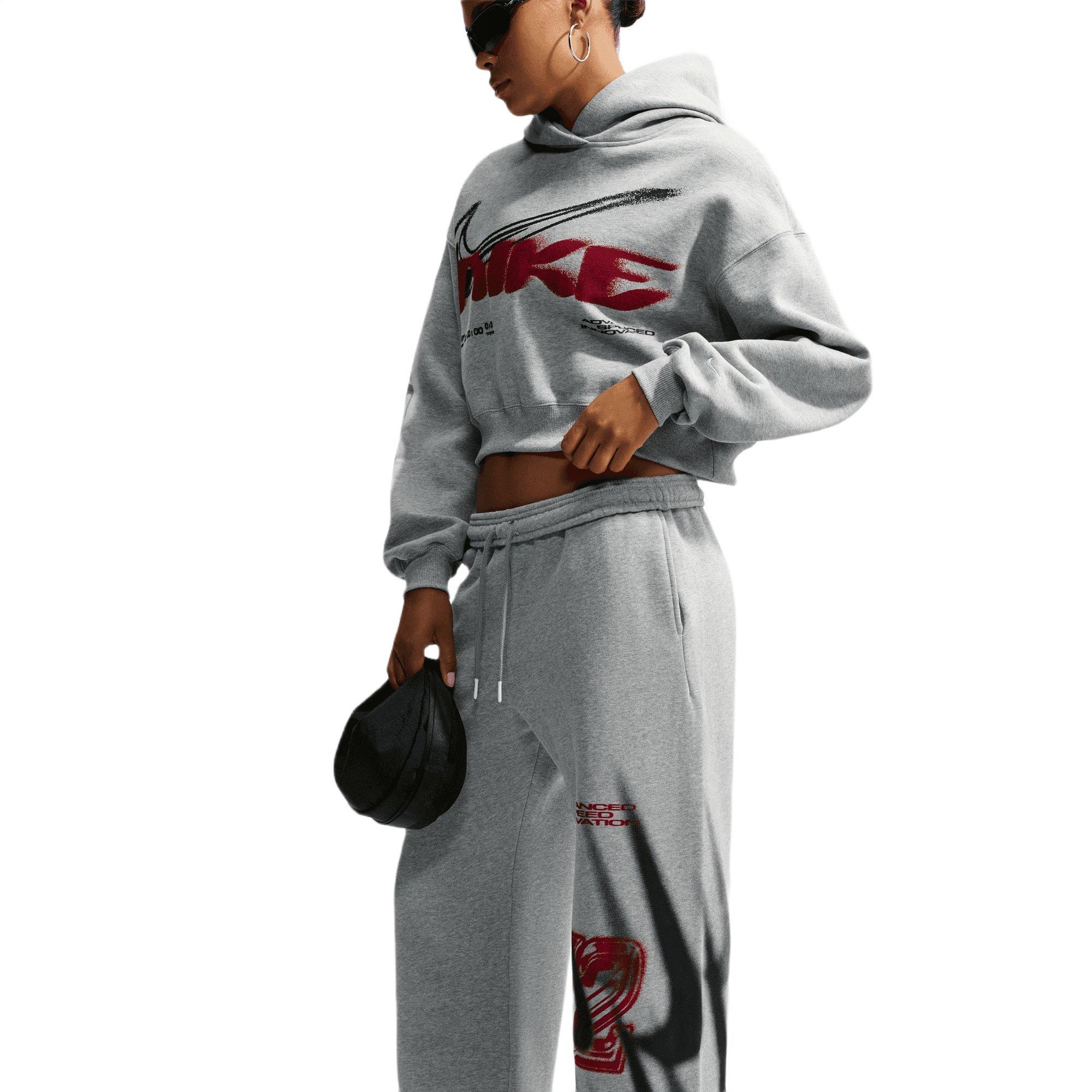 Nike Women's Studio Fleece Medium Weight Oversized High-Rise Straight-Leg Graphic Pants - GREY/RED Thumbnail View 7