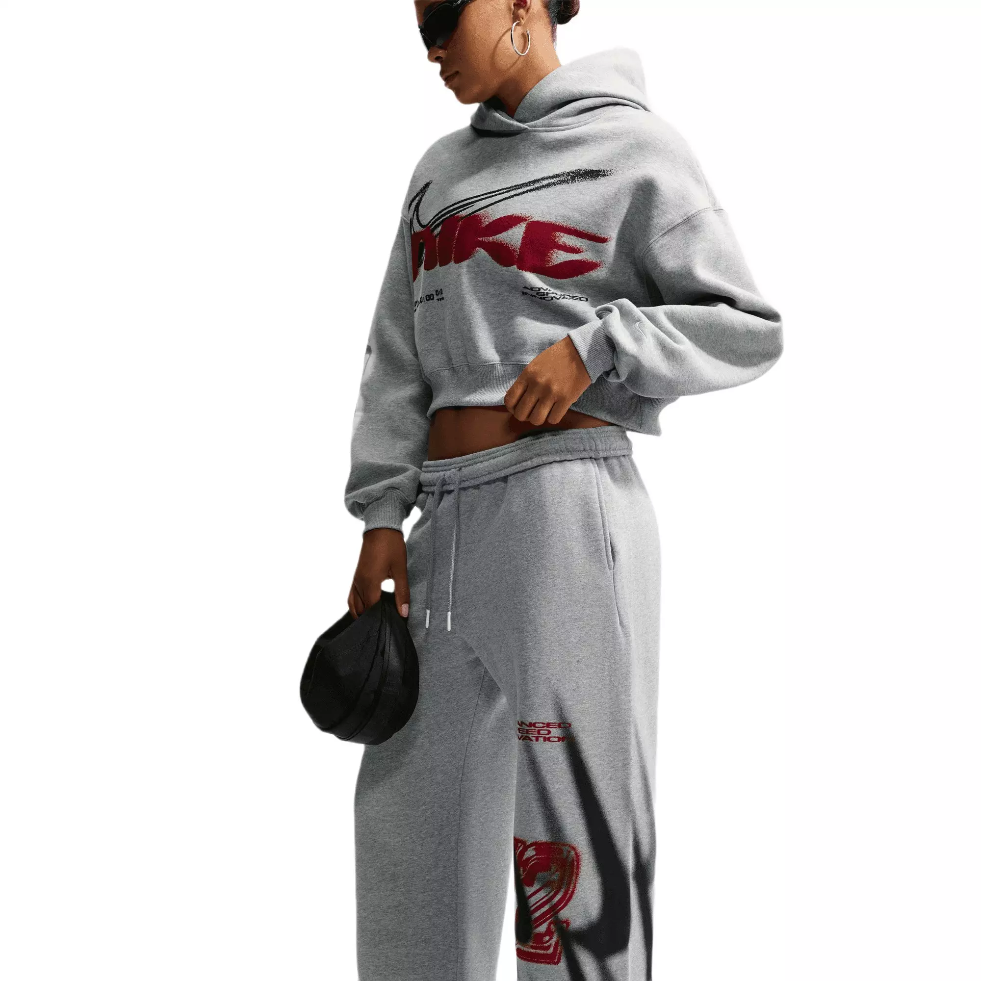 Nike Women's Studio Fleece Medium Weight Oversized High-Rise Straight-Leg Graphic Pants - GREY/RED