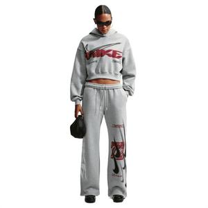 Nike Women's Studio Fleece Medium Weight Oversized High-Rise Straight-Leg Graphic Pants - GREY/RED