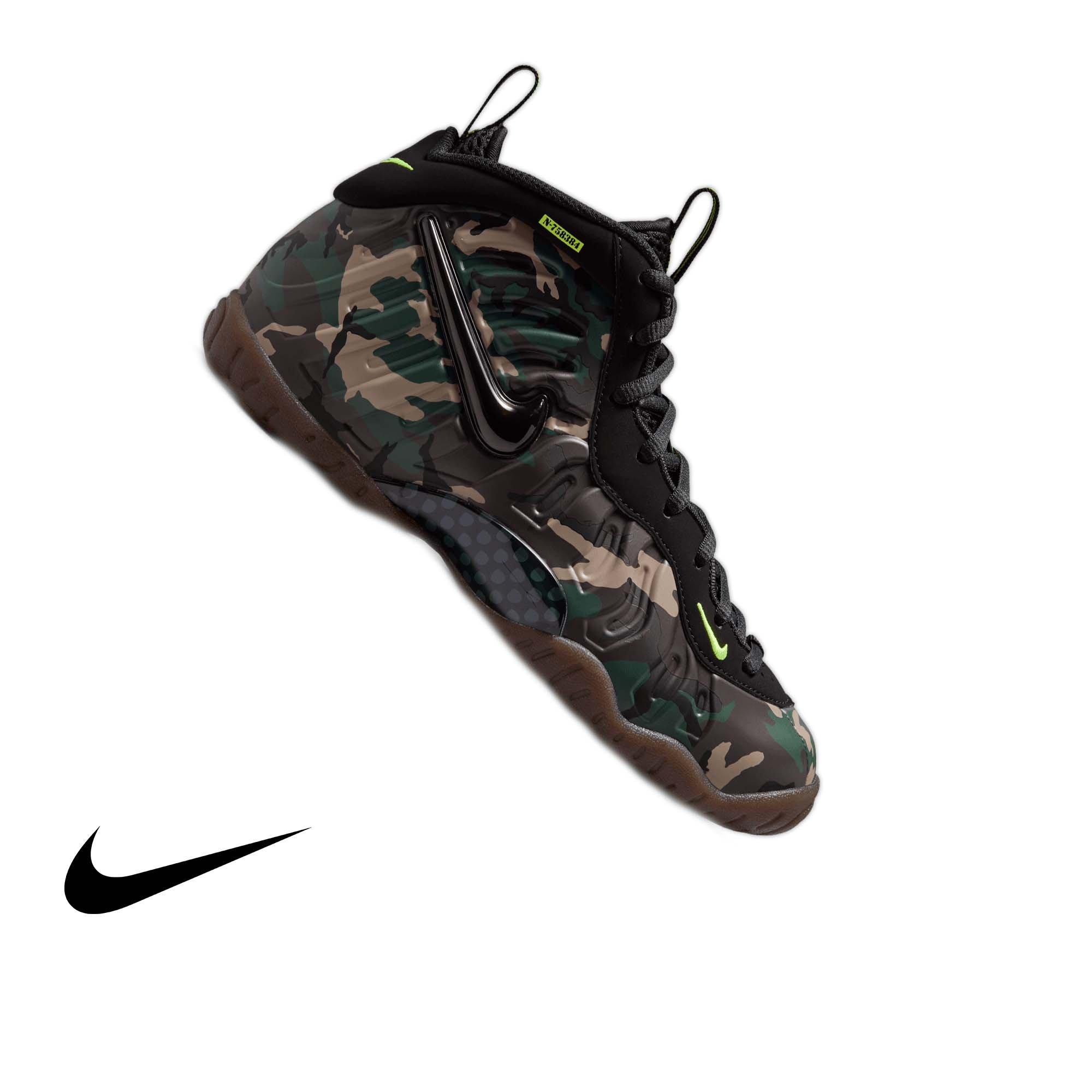 Nike Air Foamposite Pro Premium "Green Camo" Grade School Kids' Shoe - BLACK/VOLTAGE GREEN/GUM DARK BROWN