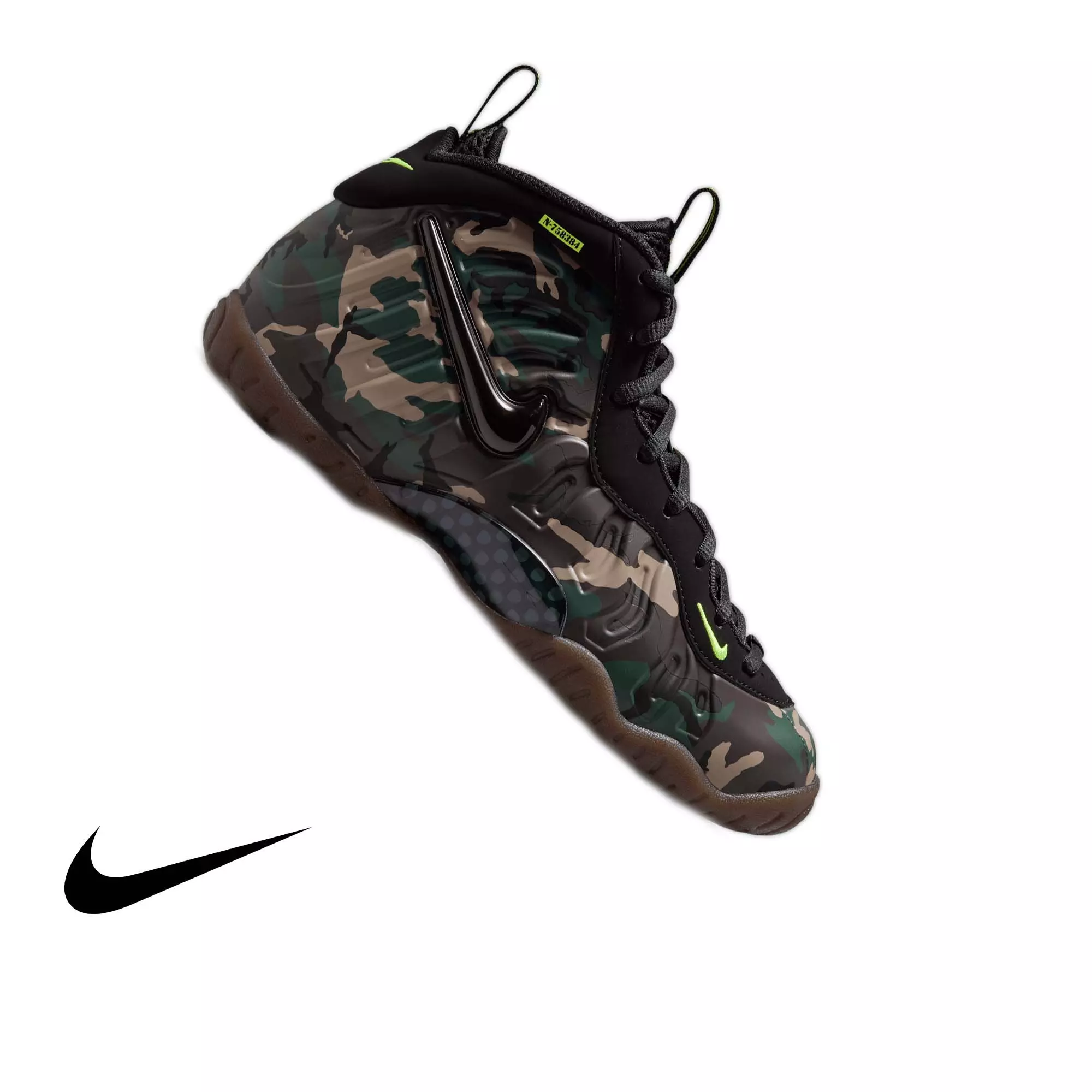Nike Air Foamposite Pro Premium "Green Camo" Grade School Kids' Shoe - BLACK/VOLTAGE GREEN/GUM DARK BROWN