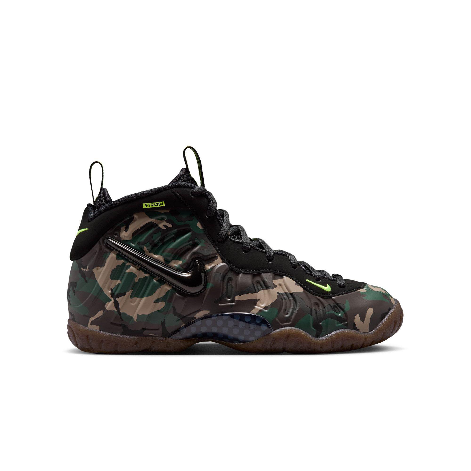 Nike Air Foamposite Pro Premium "Green Camo" Grade School Kids' Shoe - BLACK/VOLTAGE GREEN/GUM DARK BROWN