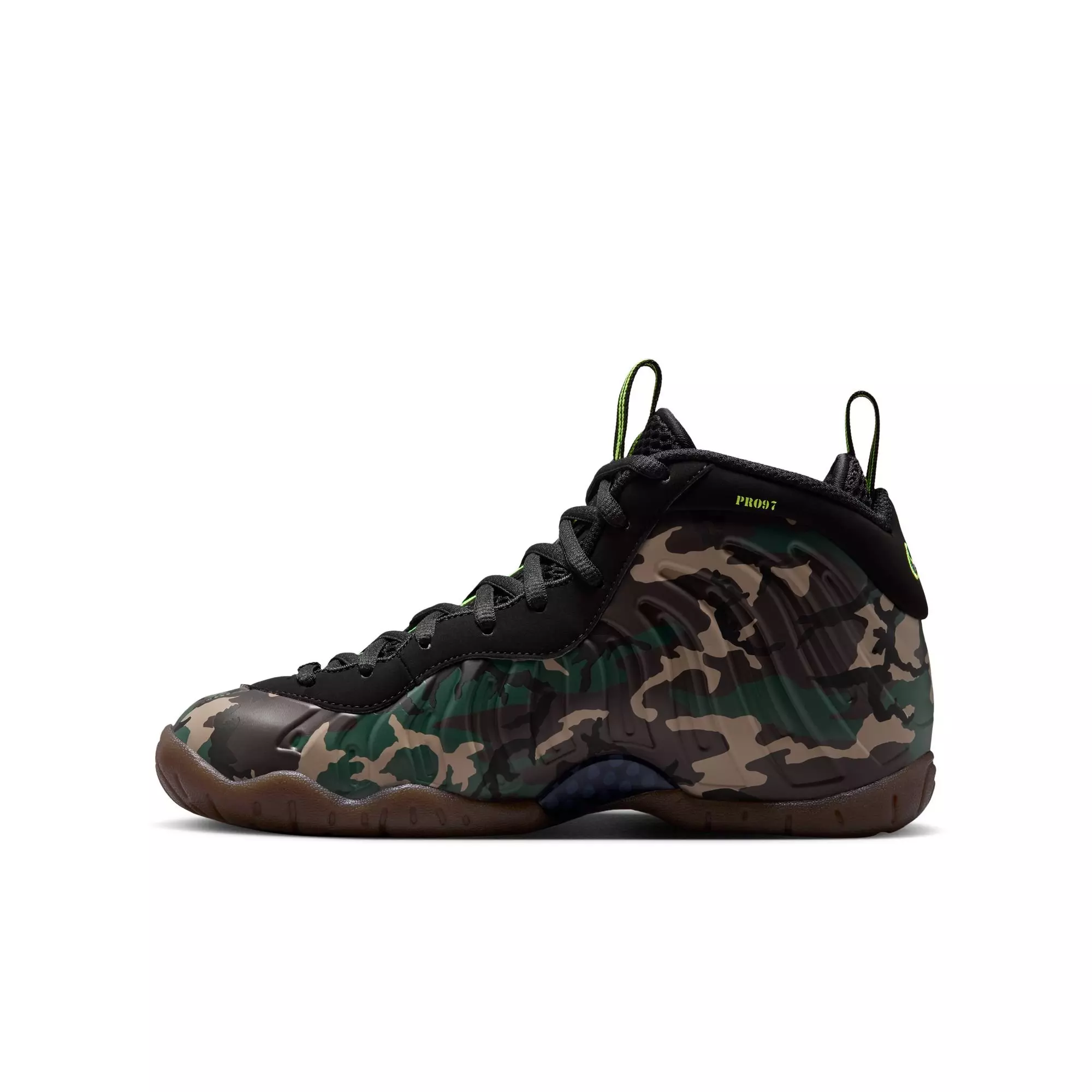 Nike Air Foamposite Pro Premium "Green Camo" Grade School Kids' Shoe - BLACK/VOLTAGE GREEN/GUM DARK BROWN