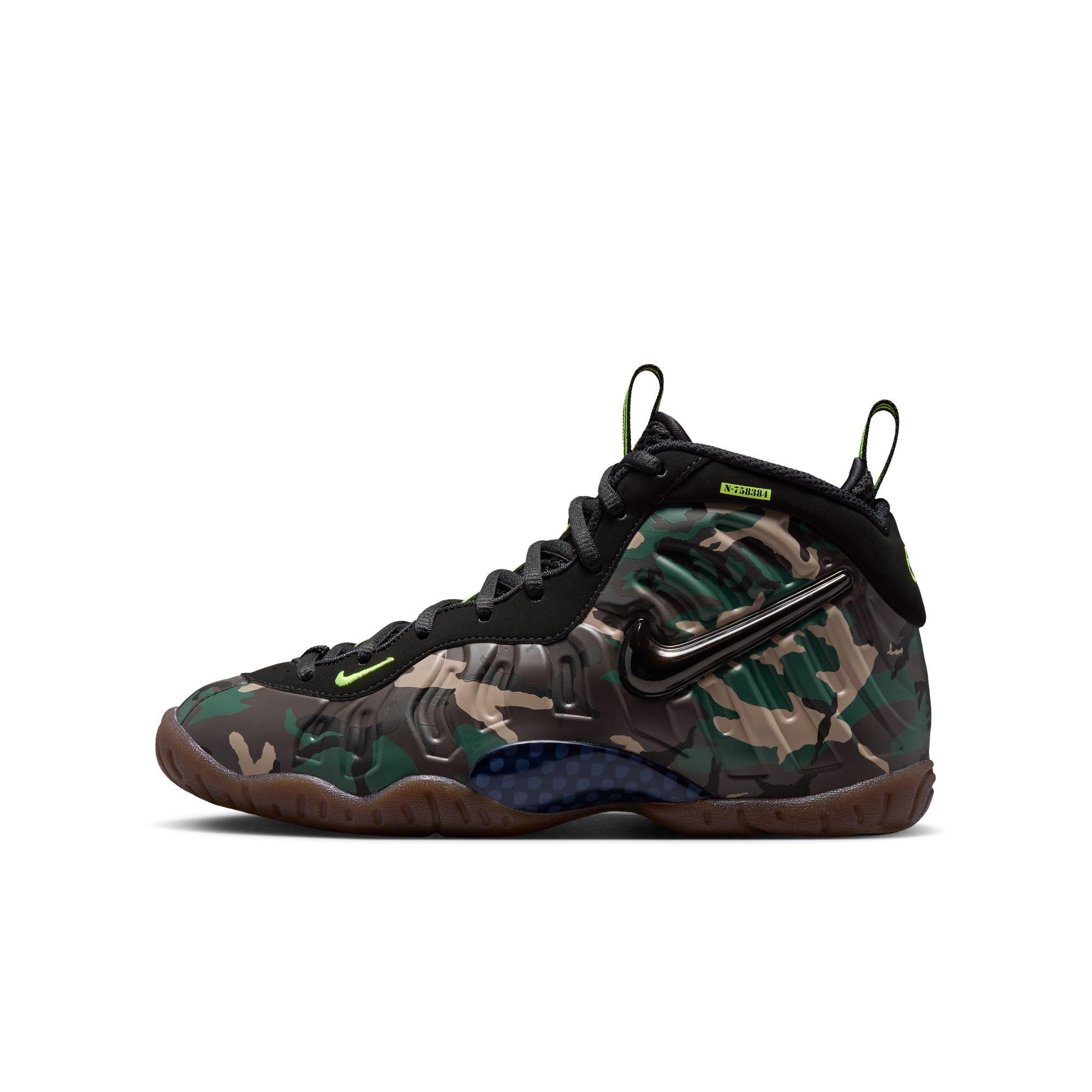 Nike Air Foamposite Pro Premium "Green Camo" Grade School Kids' Shoe - BLACK/VOLTAGE GREEN/GUM DARK BROWN