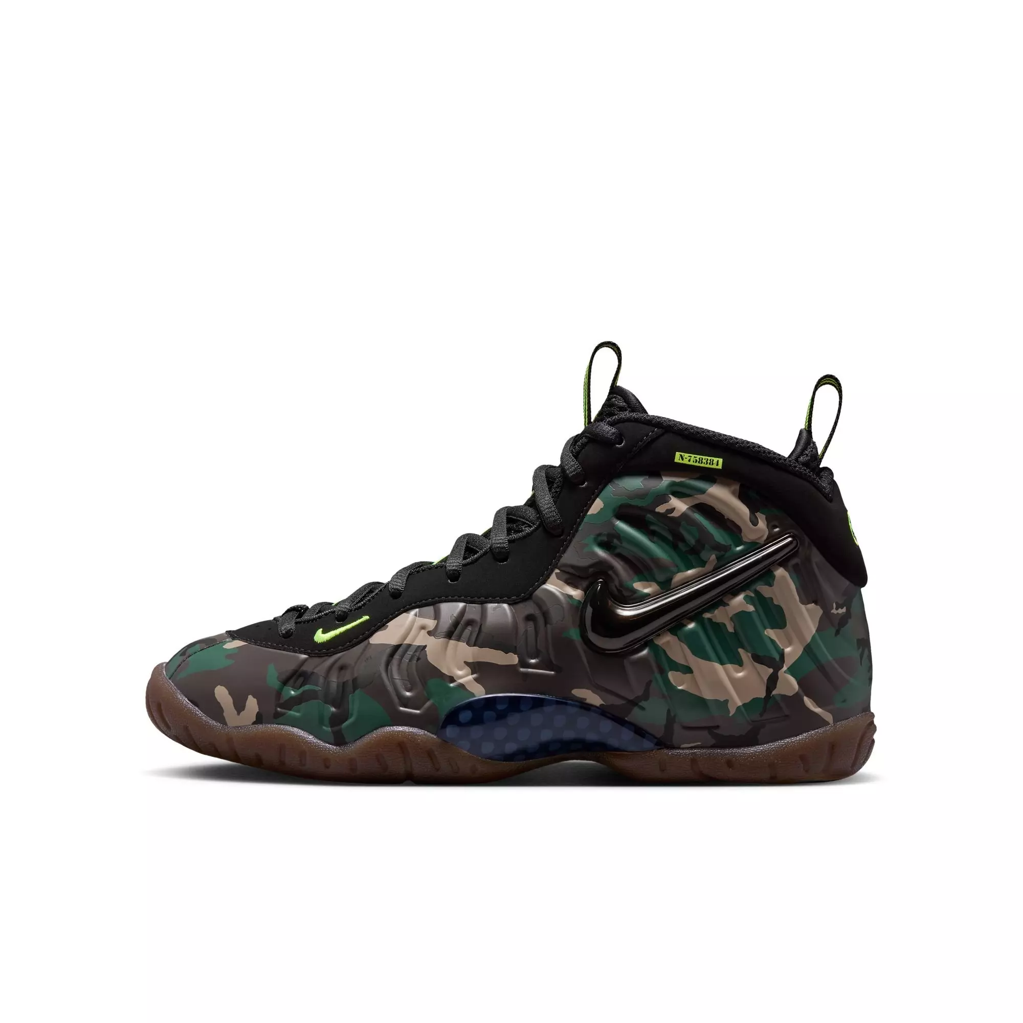 Nike Air Foamposite Pro Premium "Green Camo" Grade School Kids' Shoe - BLACK/VOLTAGE GREEN/GUM DARK BROWN