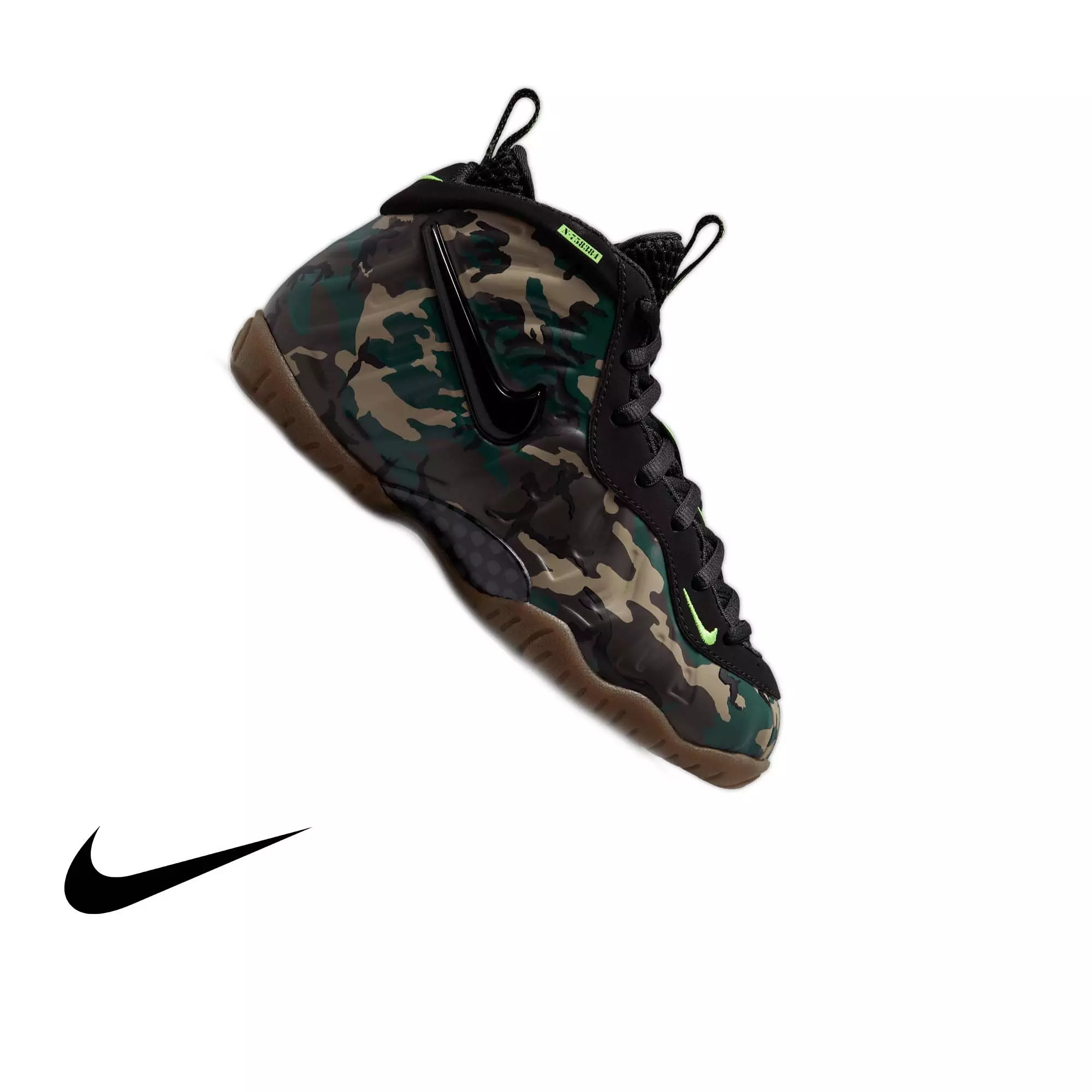 Nike Air Foamposite Pro Premium "Green Camo" Preschool Kids' Shoe - BLACK/VOLTAGE GREEN/GUM DARK BROWN