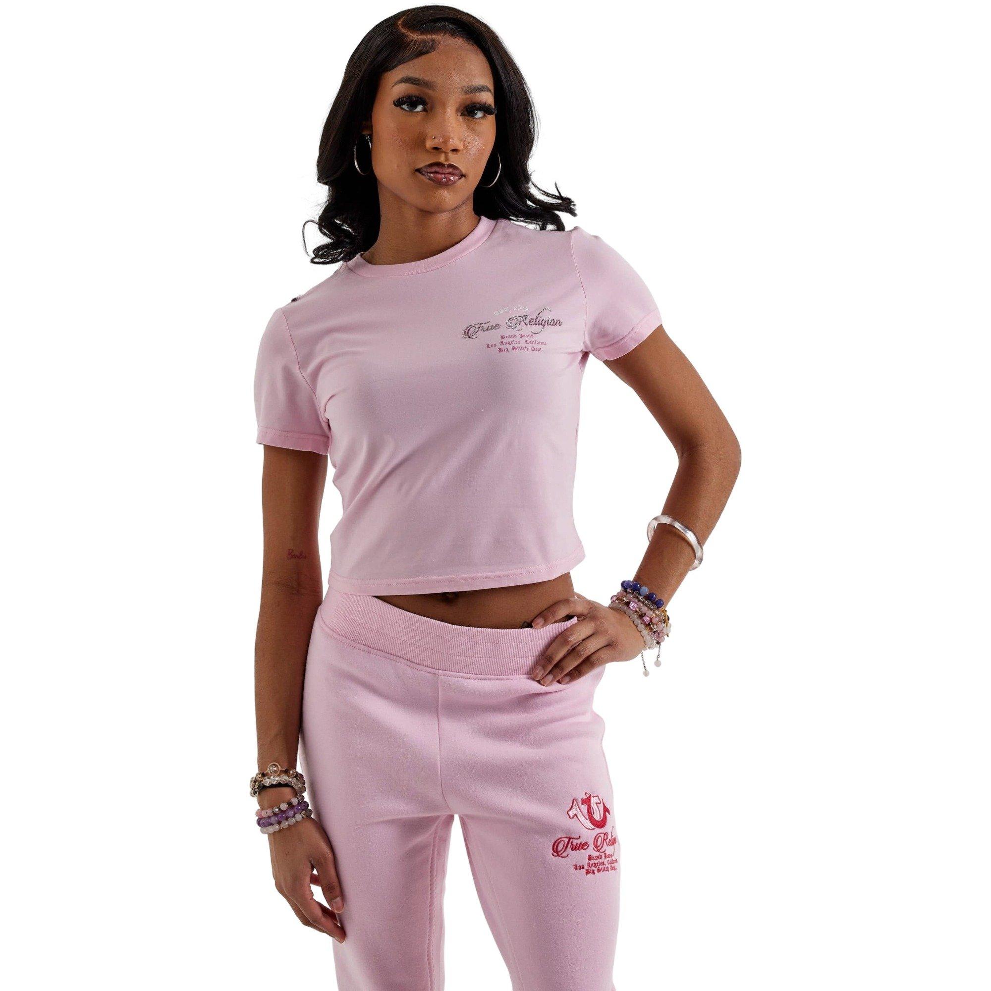 True Religion Women's Crystal Buddha Baby Tee - PINK Thumbnail View 1
