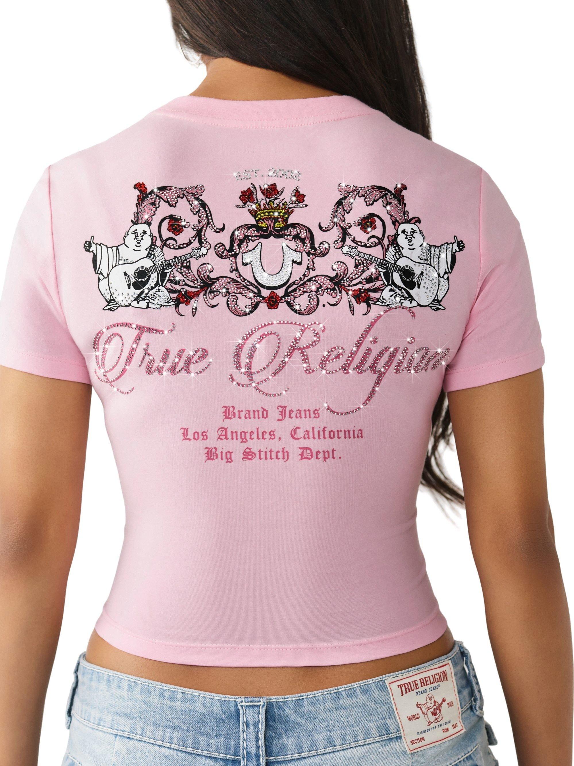 True Religion Women's Crystal Buddha Baby Tee - Pink - PINK Thumbnail View 2