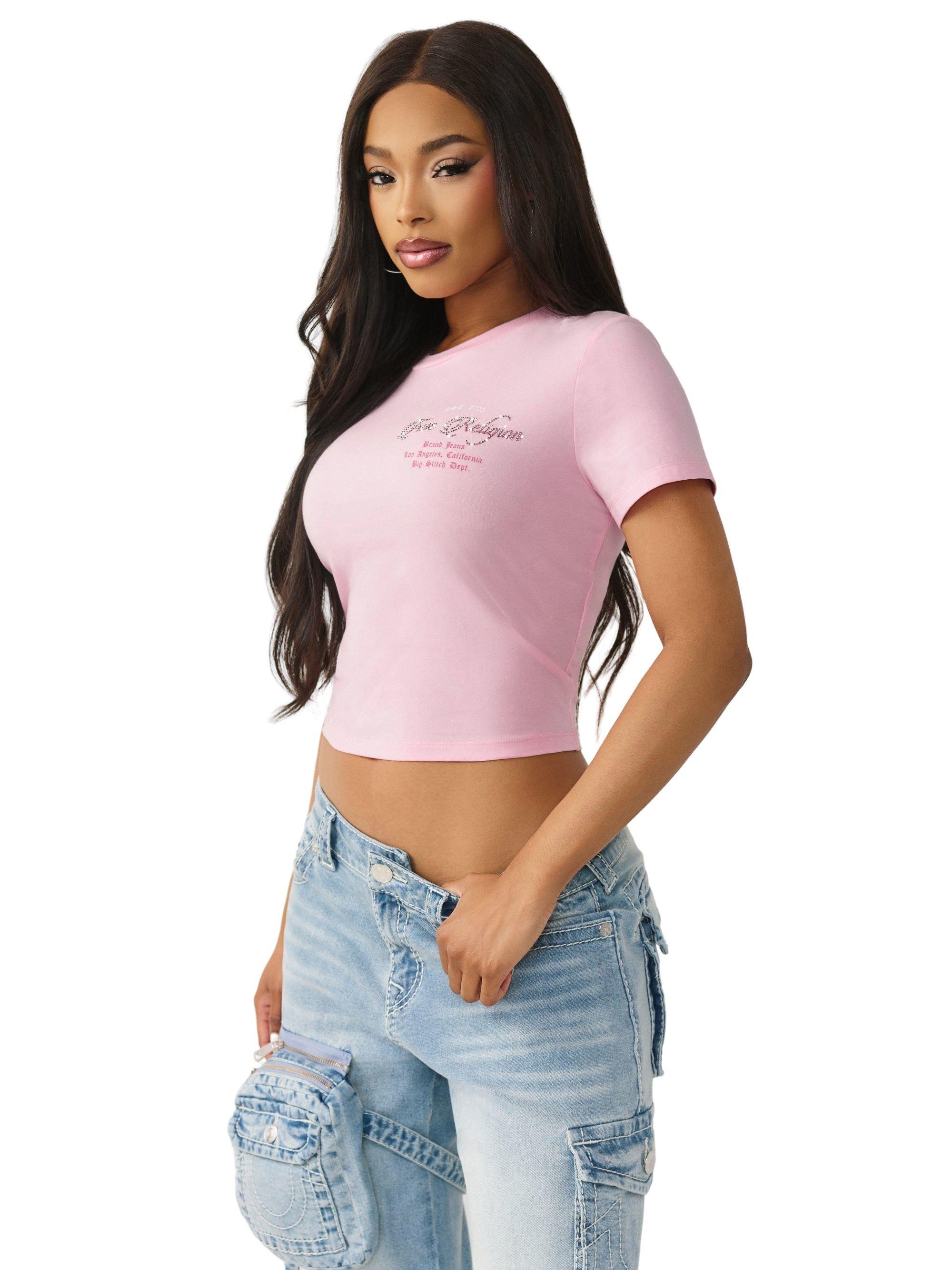True Religion Women's Crystal Buddha Baby Tee - Pink - PINK Thumbnail View 4