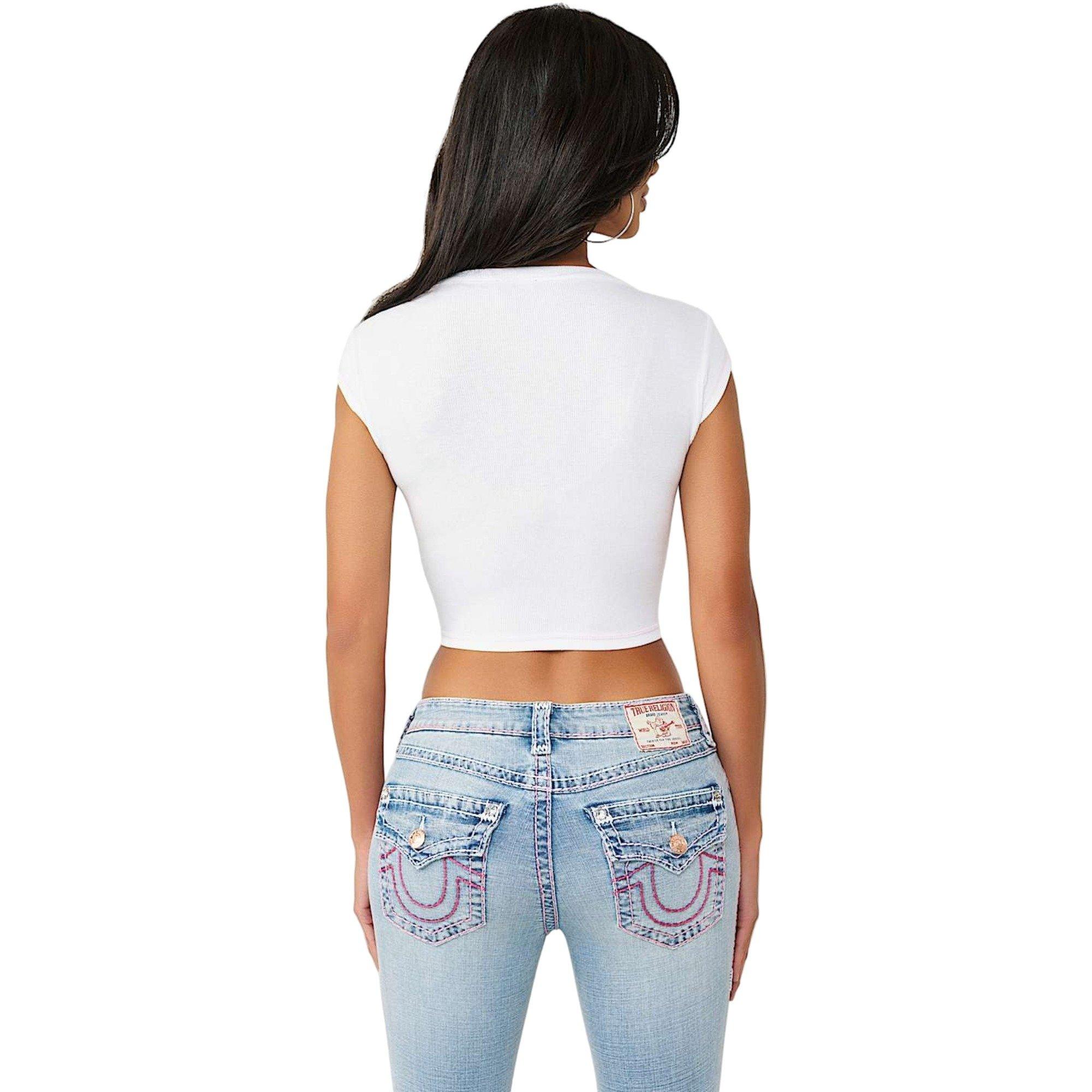 True Religion Women's V-Notch Ribbed Tee - WHITE/PINK Thumbnail View 2