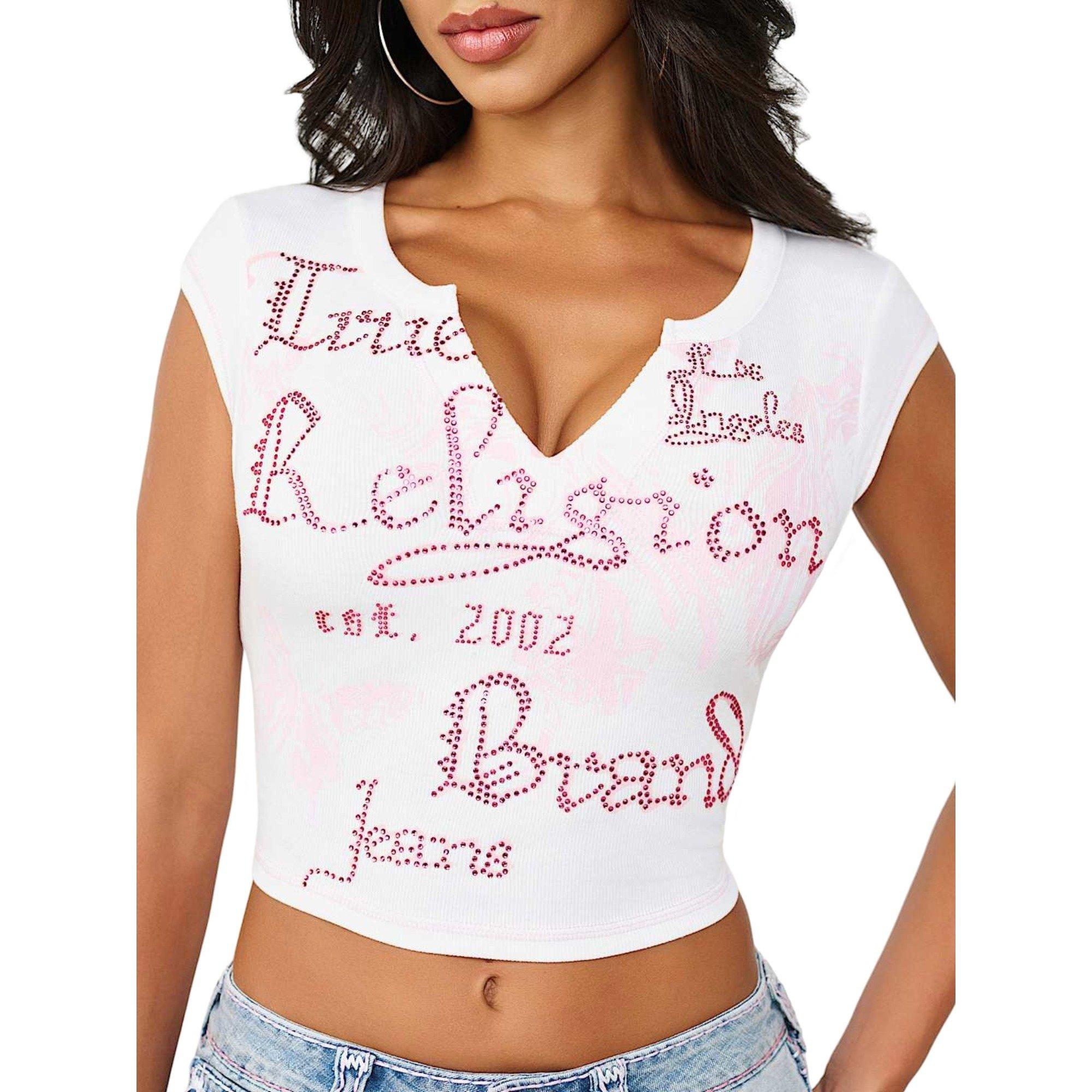 True Religion Women's V-Notch Ribbed Tee - WHITE/PINK Thumbnail View 3