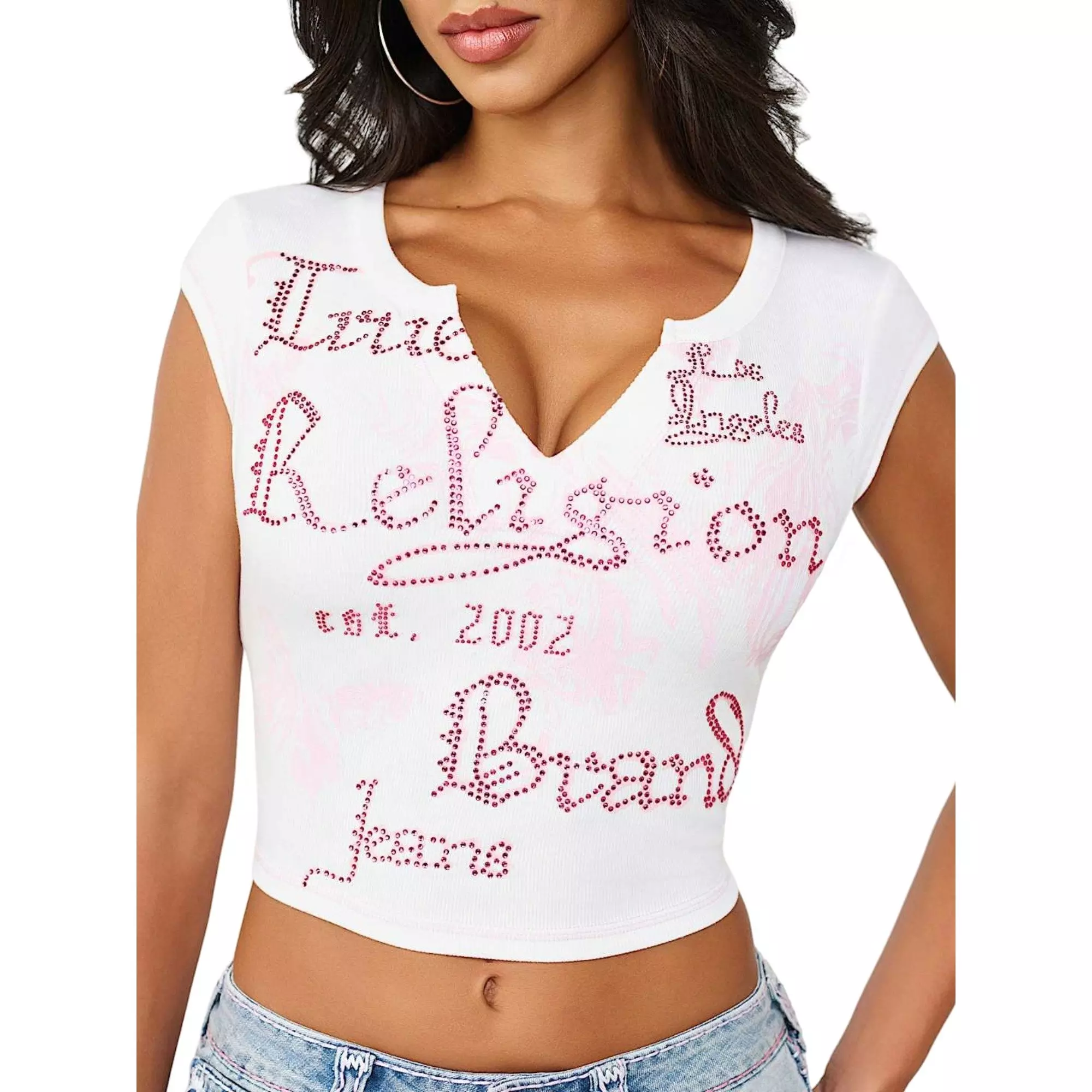 True Religion Women's V-Notch Ribbed Tee - WHITE/PINK