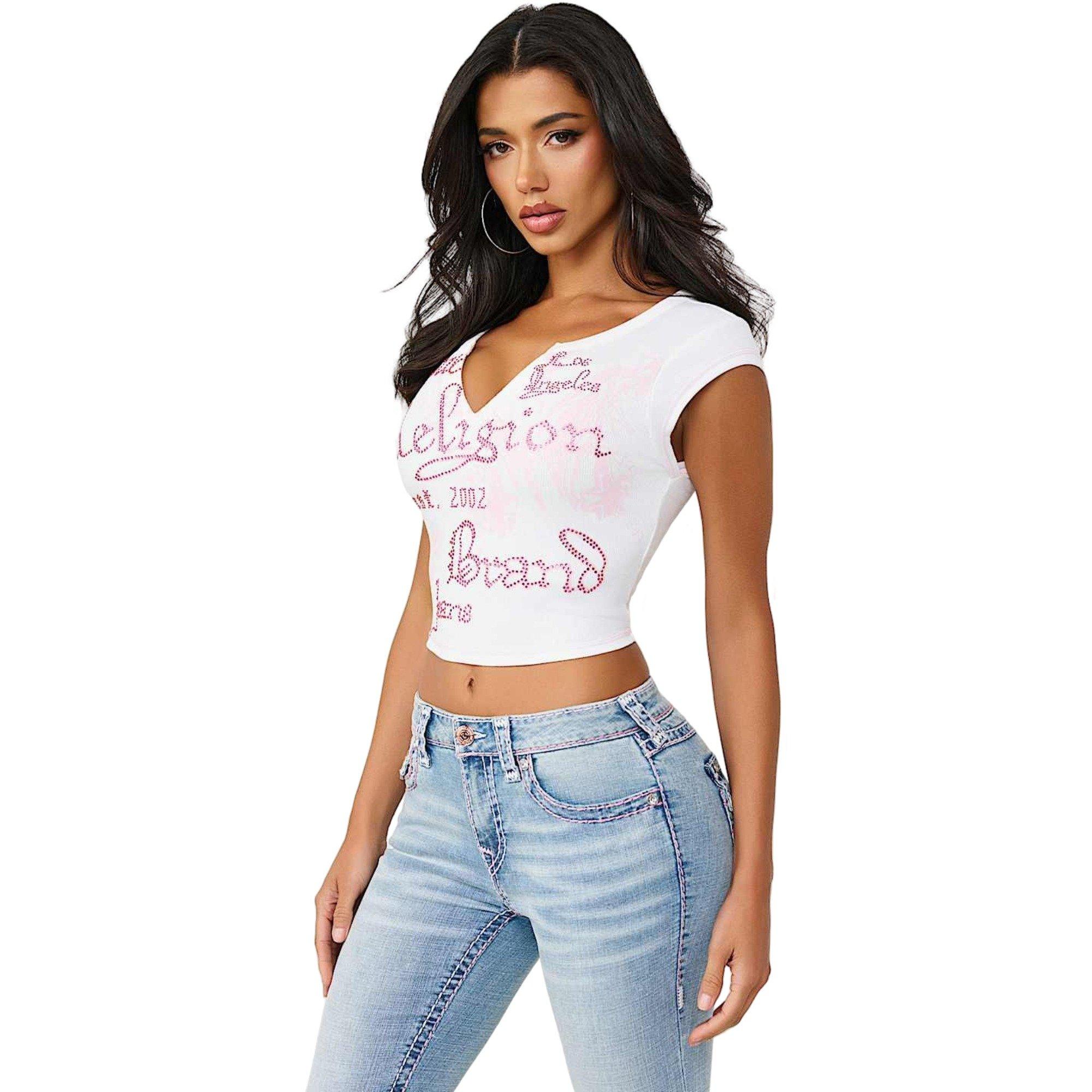 True Religion Women's V-Notch Ribbed Tee - WHITE/PINK Thumbnail View 4