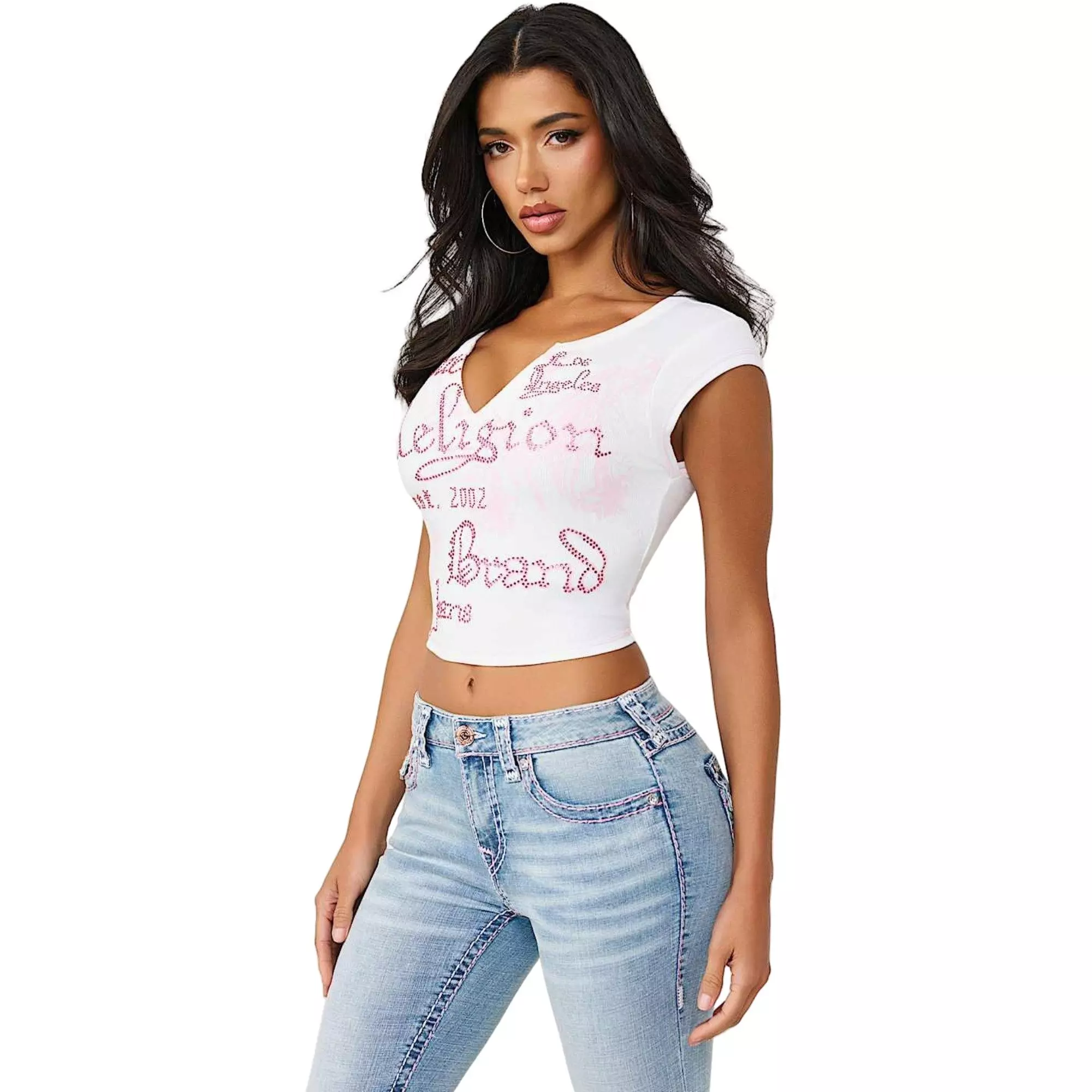 True Religion Women's V-Notch Ribbed Tee - WHITE/PINK