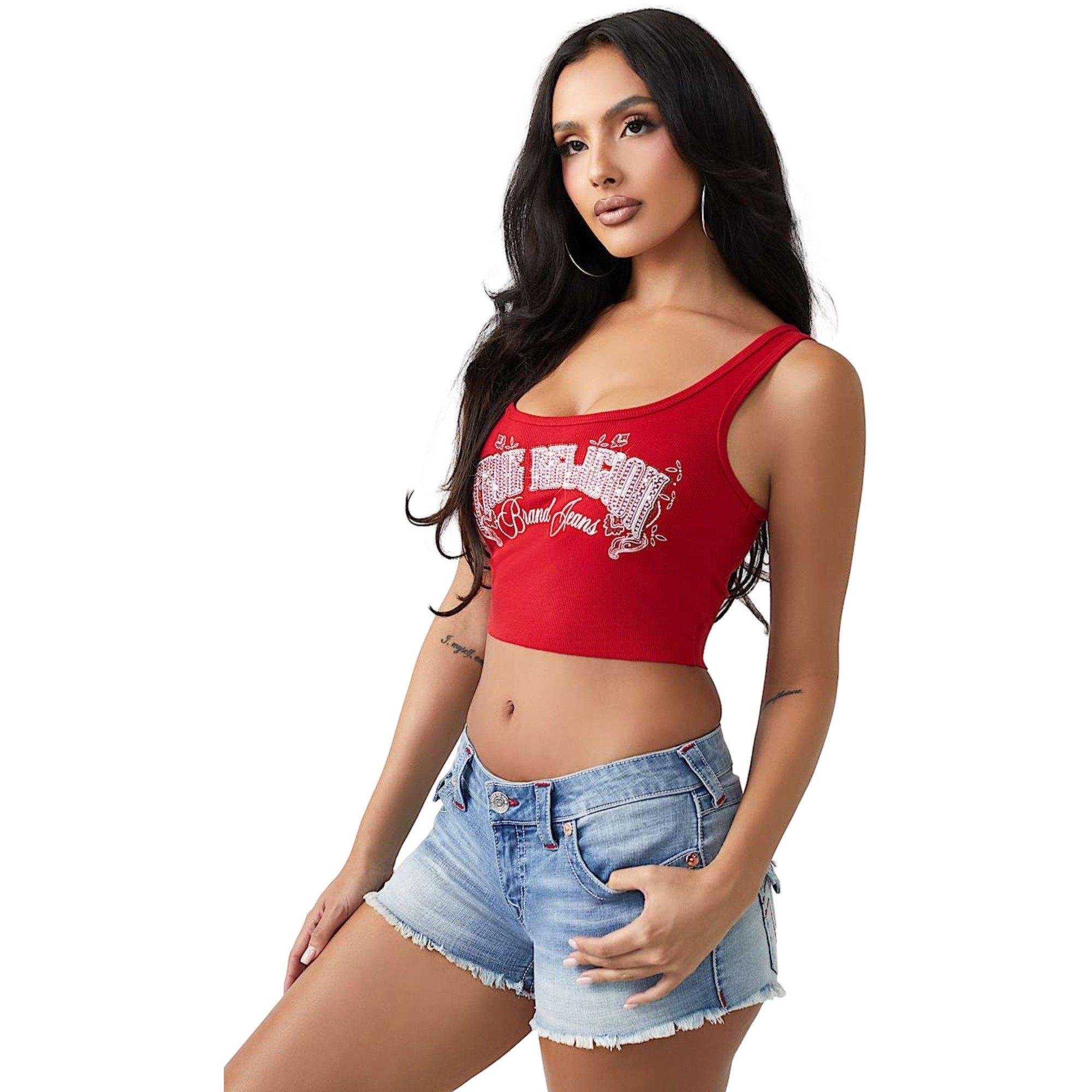True Religion Women's Crystal Bandana Ribbed Tank - RED Thumbnail View 4