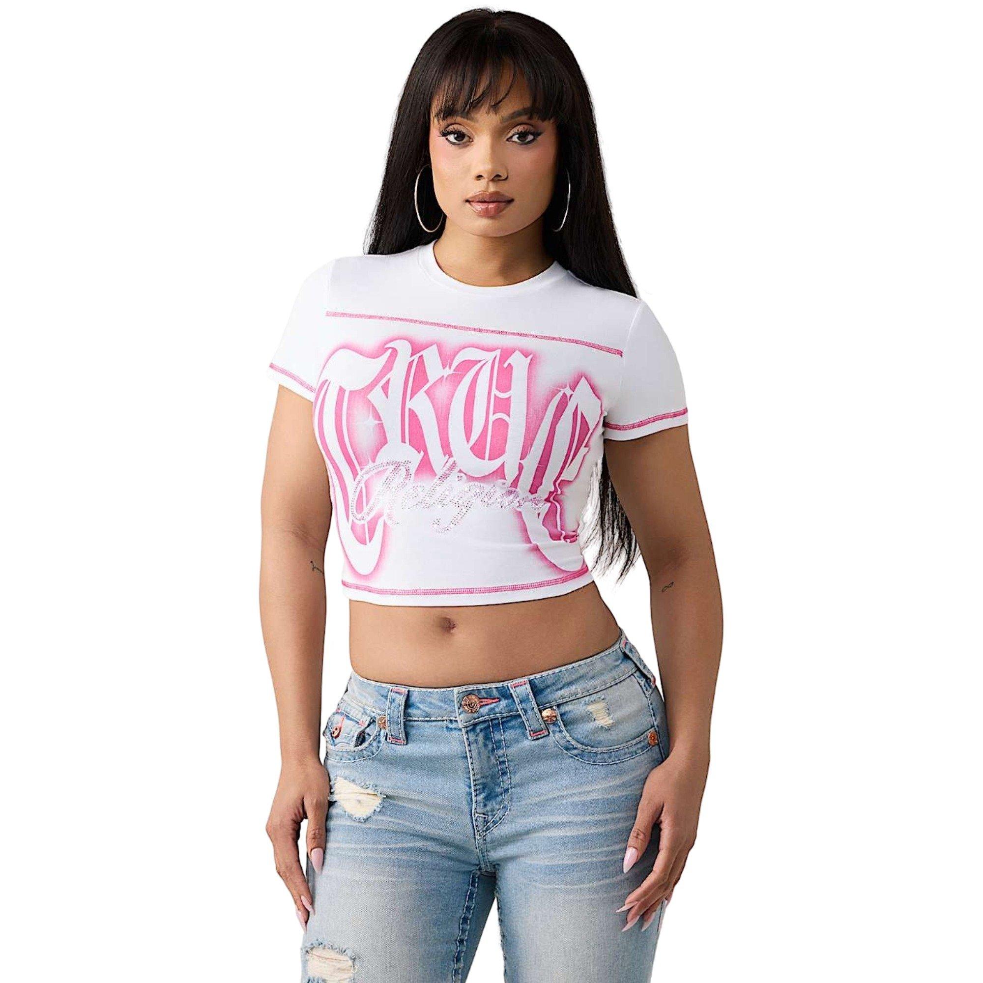True Religion Women's Crystal Logo Baby Tee - WHITE/PINK Thumbnail View 1