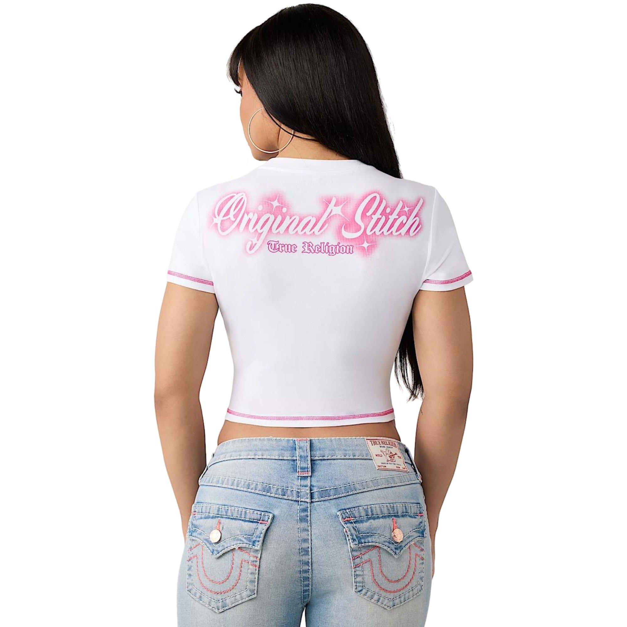 True Religion Women's Crystal Logo Baby Tee - WHITE/PINK Thumbnail View 4
