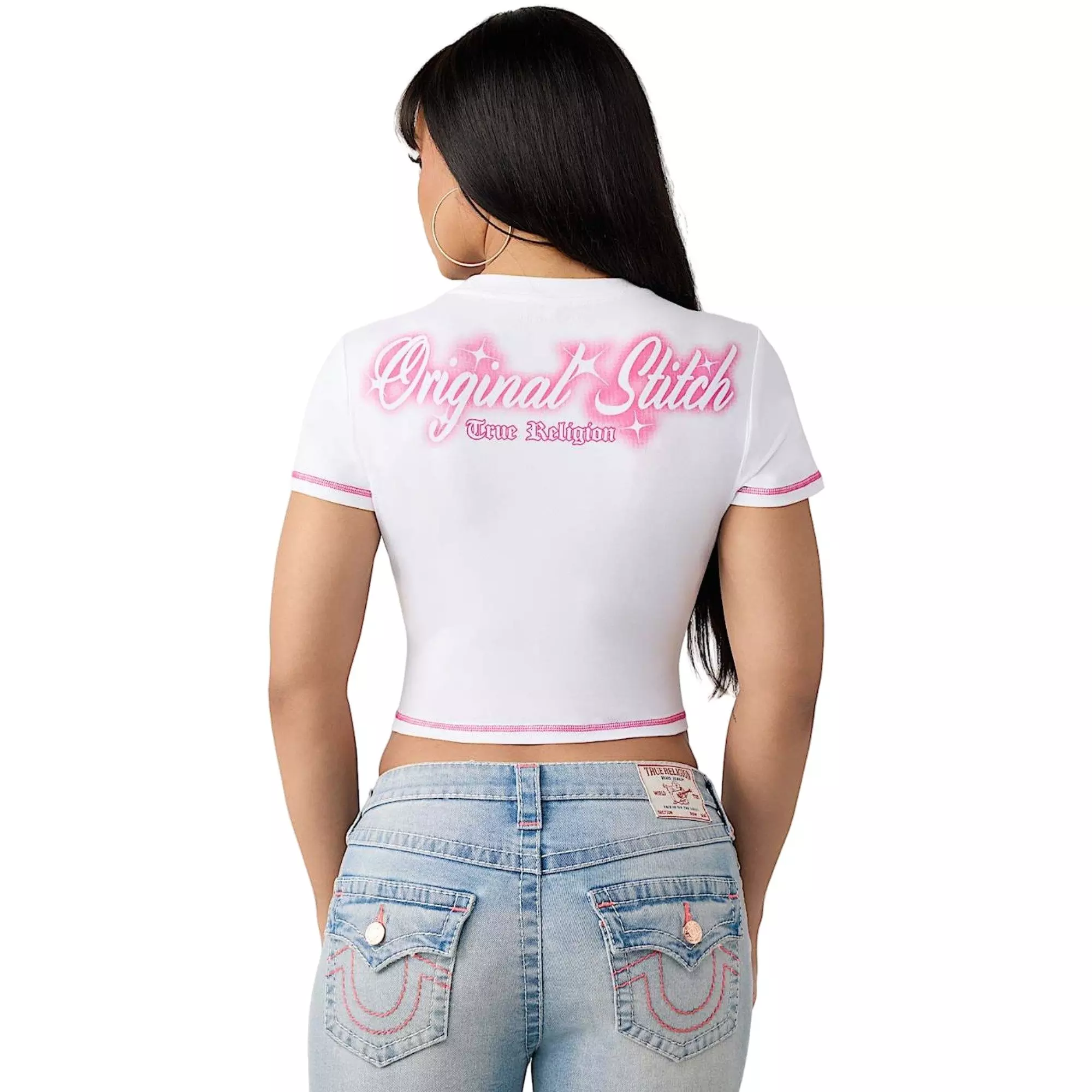 True Religion Women's Crystal Logo Baby Tee - WHITE/PINK
