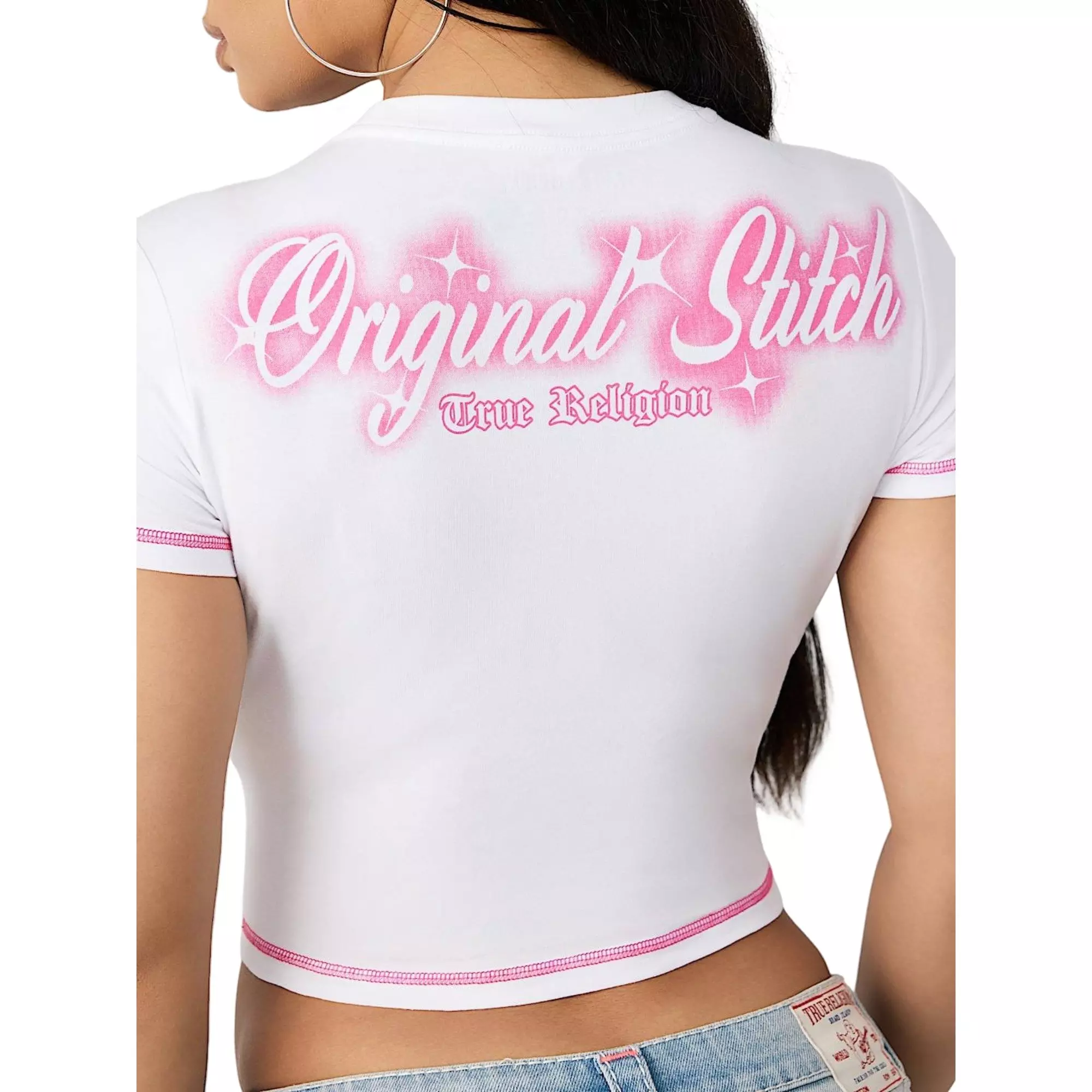 True Religion Women's Crystal Logo Baby Tee - WHITE/PINK