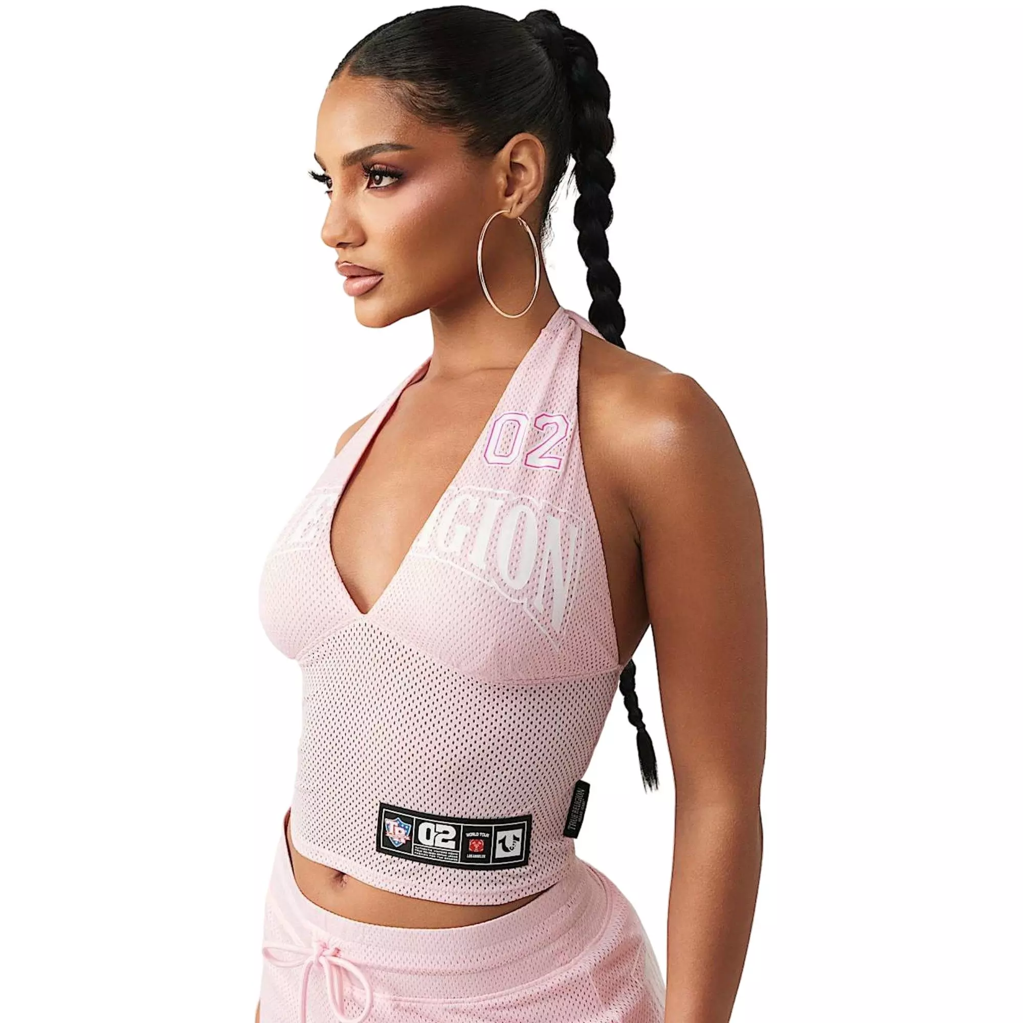 True Religion Women's Sporty Mesh Printed Halter Top - PINK