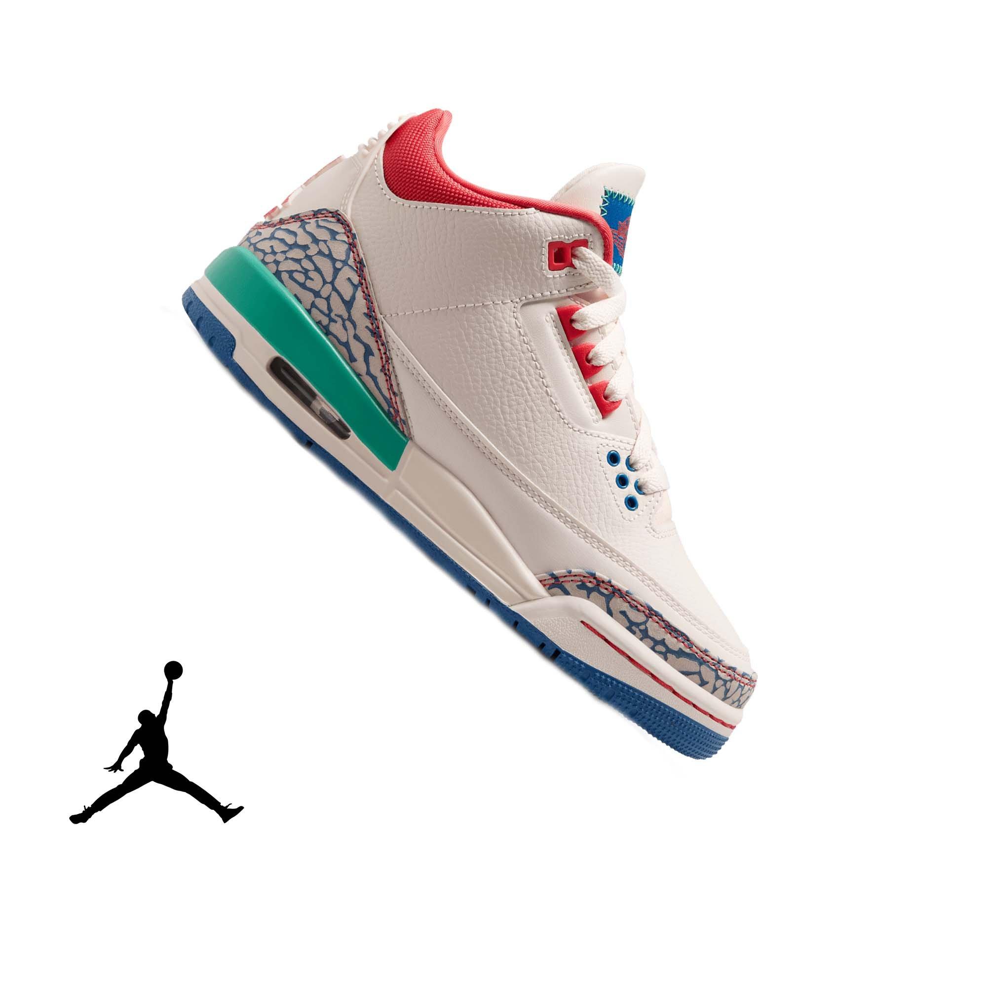 Jordan Retro 3 "Chalk and True Blue" Grade School Kids' Shoe - CHALK/TRACK RED/TRUE BLUE/KINETIC GREEN