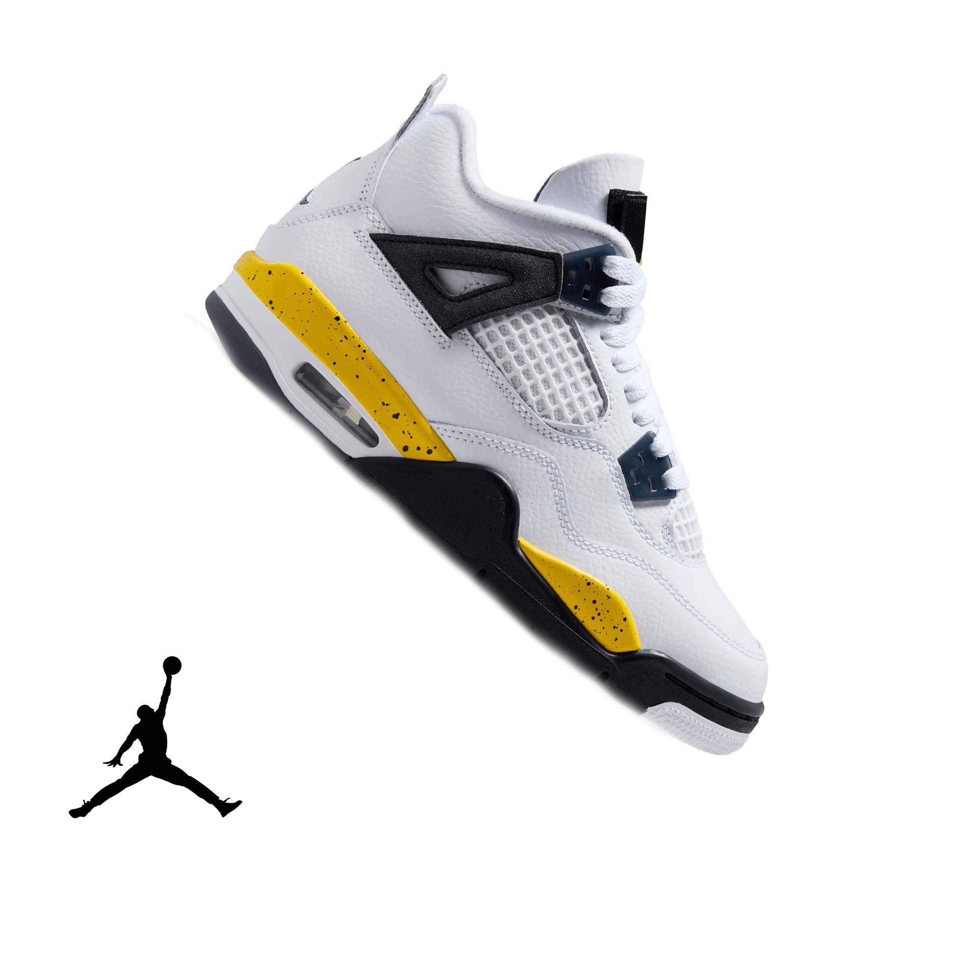 Jordan 4 Retro "Tour Yellow" Grade School Kids' Shoe - WHITE/TOUR YELLOW/DARK BLUE GREY/BLACK