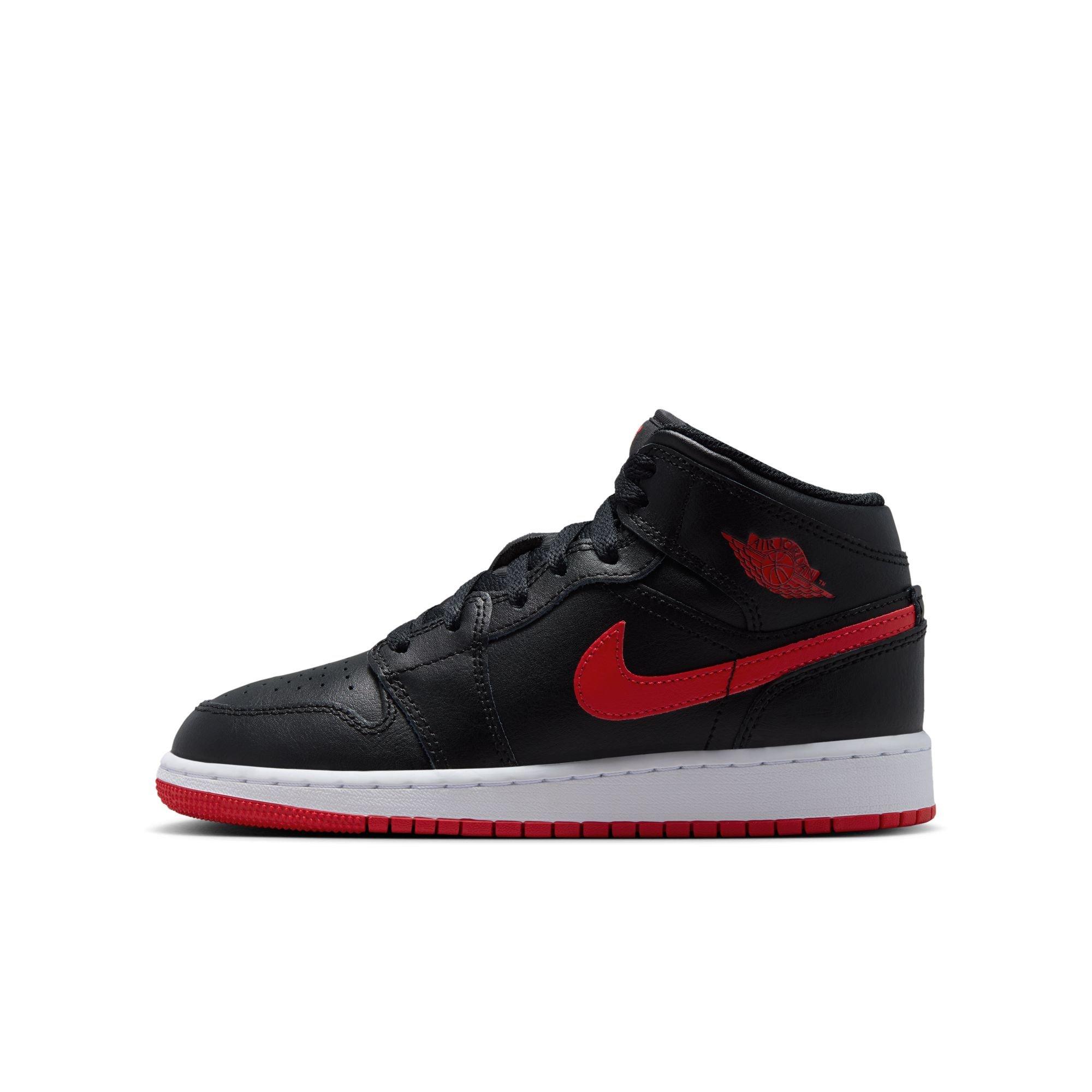 Jordan 1 Mid "Black/University Red/White" Grade School Boys' Shoe - BLACK/RED Thumbnail View 3