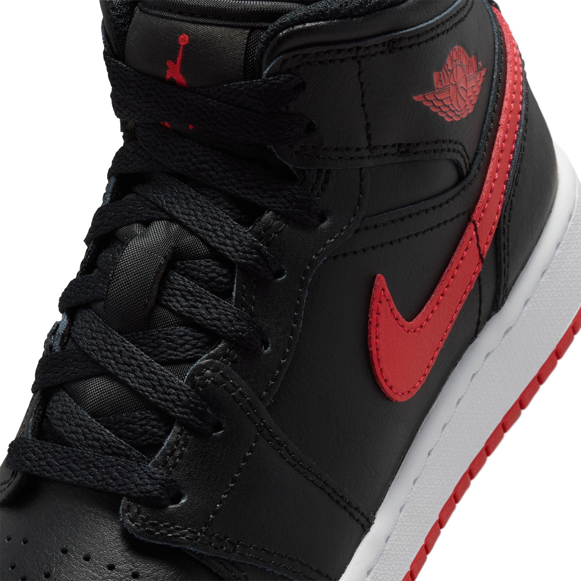 Jordan 1 Mid "Black/University Red/White" Grade School Boys' Shoe - BLACK/RED Thumbnail View 10