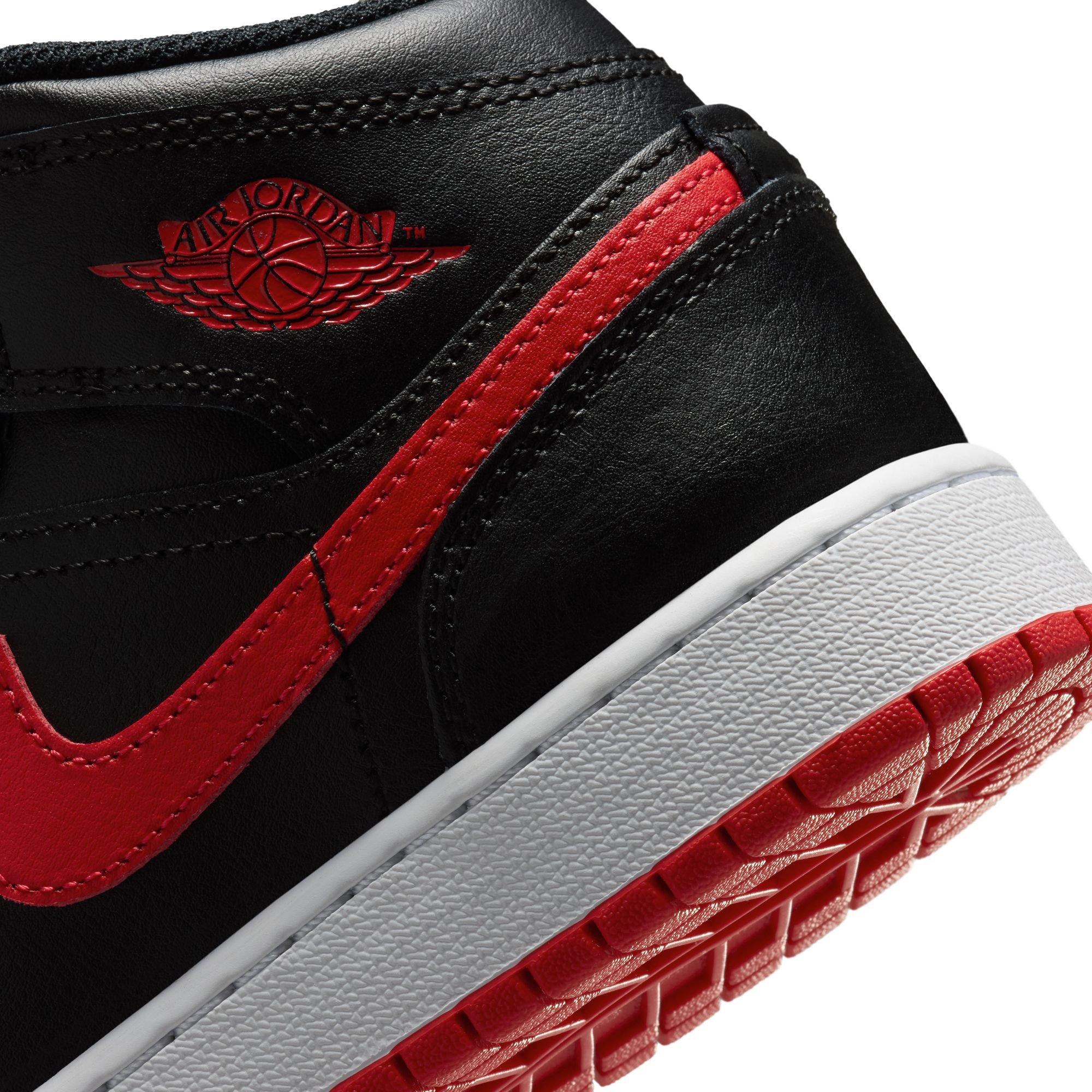 Jordan 1 Mid "Black/University Red/White" Grade School Boys' Shoe - BLACK/RED Thumbnail View 11