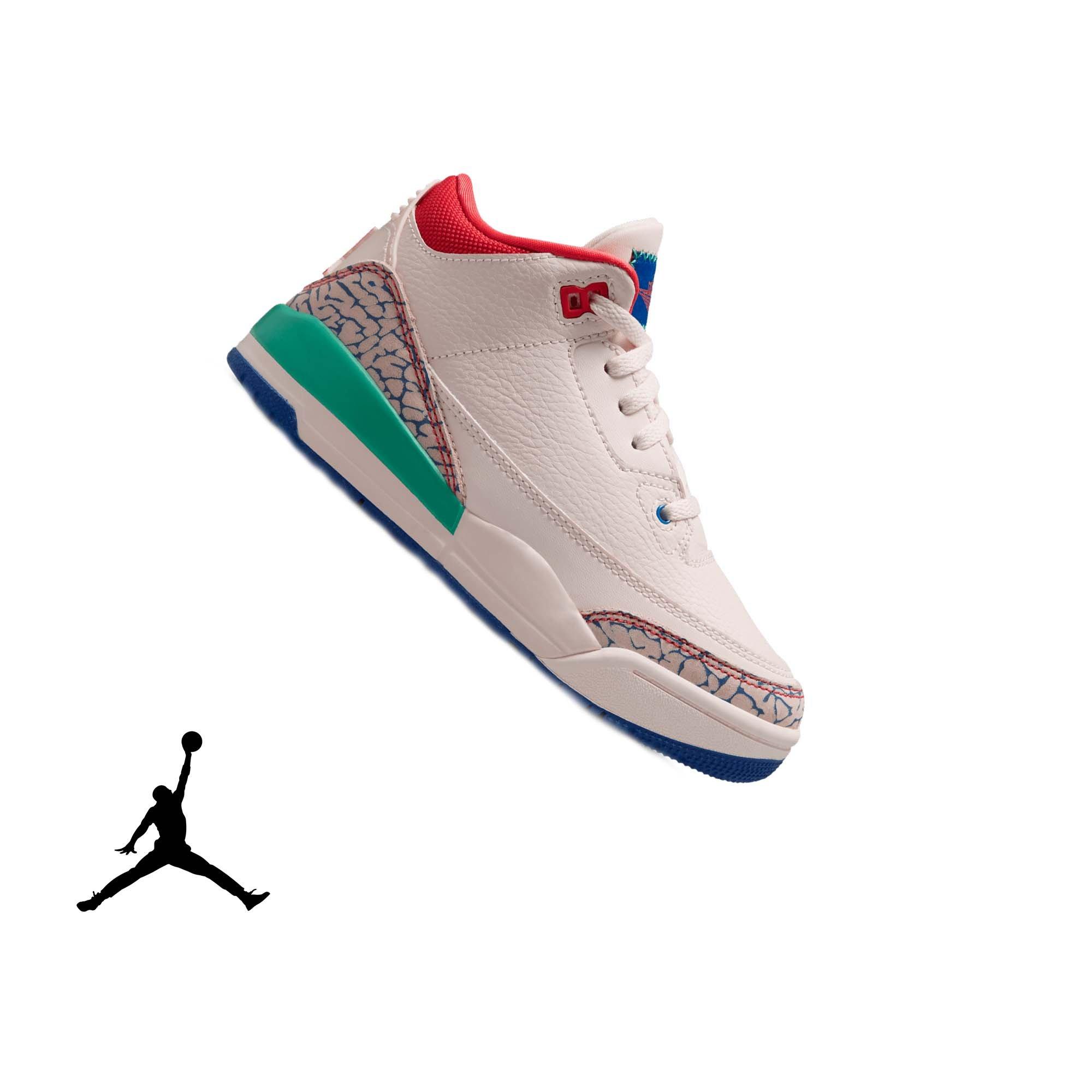 Jordan Retro 3 "Chalk and True Blue" Preschool Kids' Shoe - CHALK/TRACK RED-TRUE BLUE-KINETIC GREEN