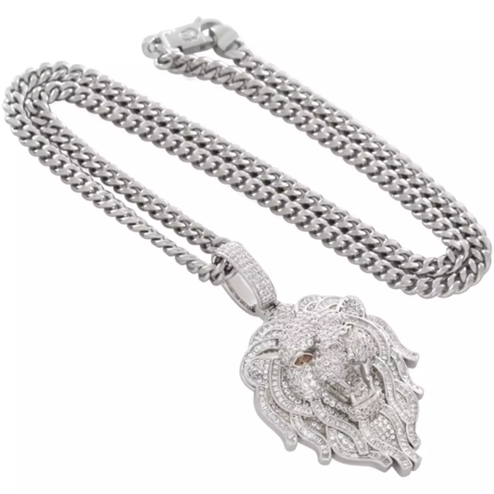 King Ice White Gold Plated Lion Necklace - SILVER