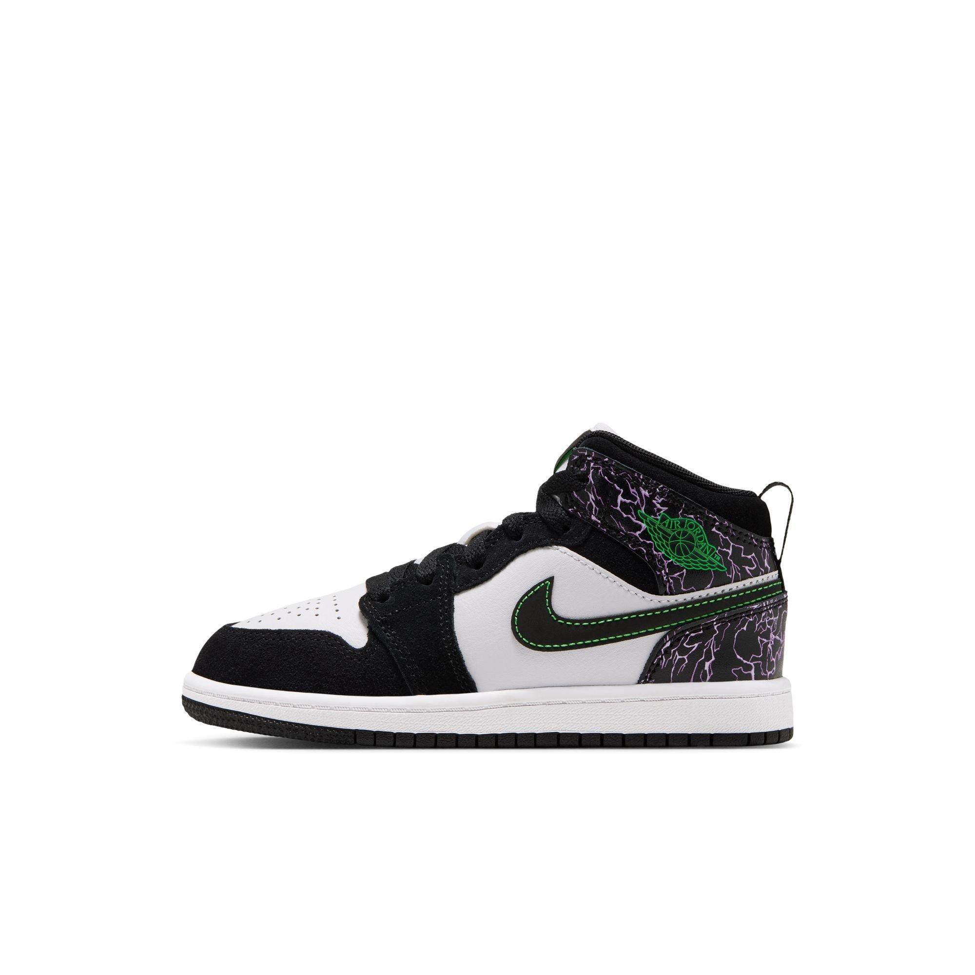 Jordan 1 Mid SE "Black/Scream Green/Summit White" Preschool Boys' Shoe - BLACK/GREEN/PURPLE