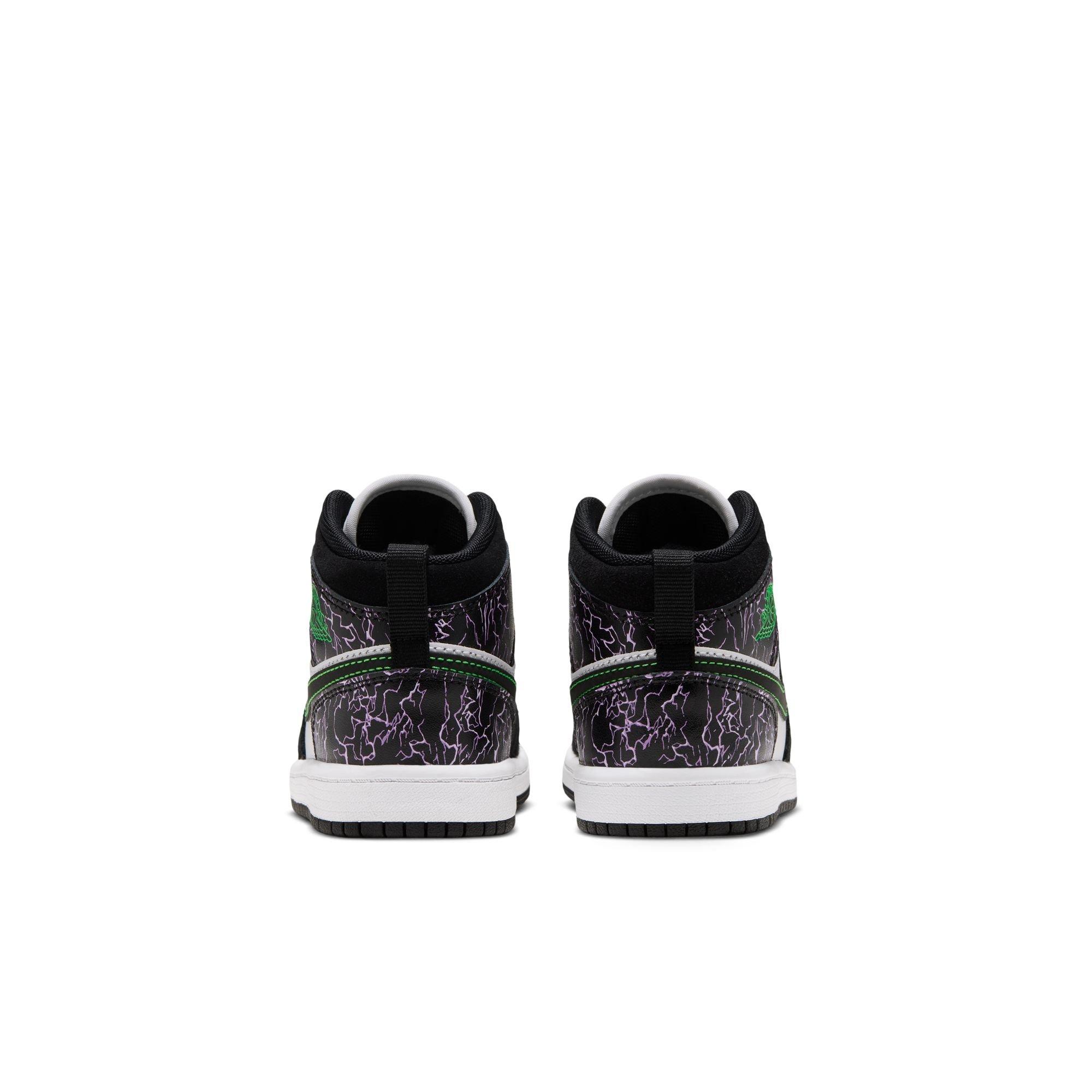 Jordan 1 Mid SE "Black/Scream Green/Summit White" Preschool Boys' Shoe - BLACK/GREEN/PURPLE