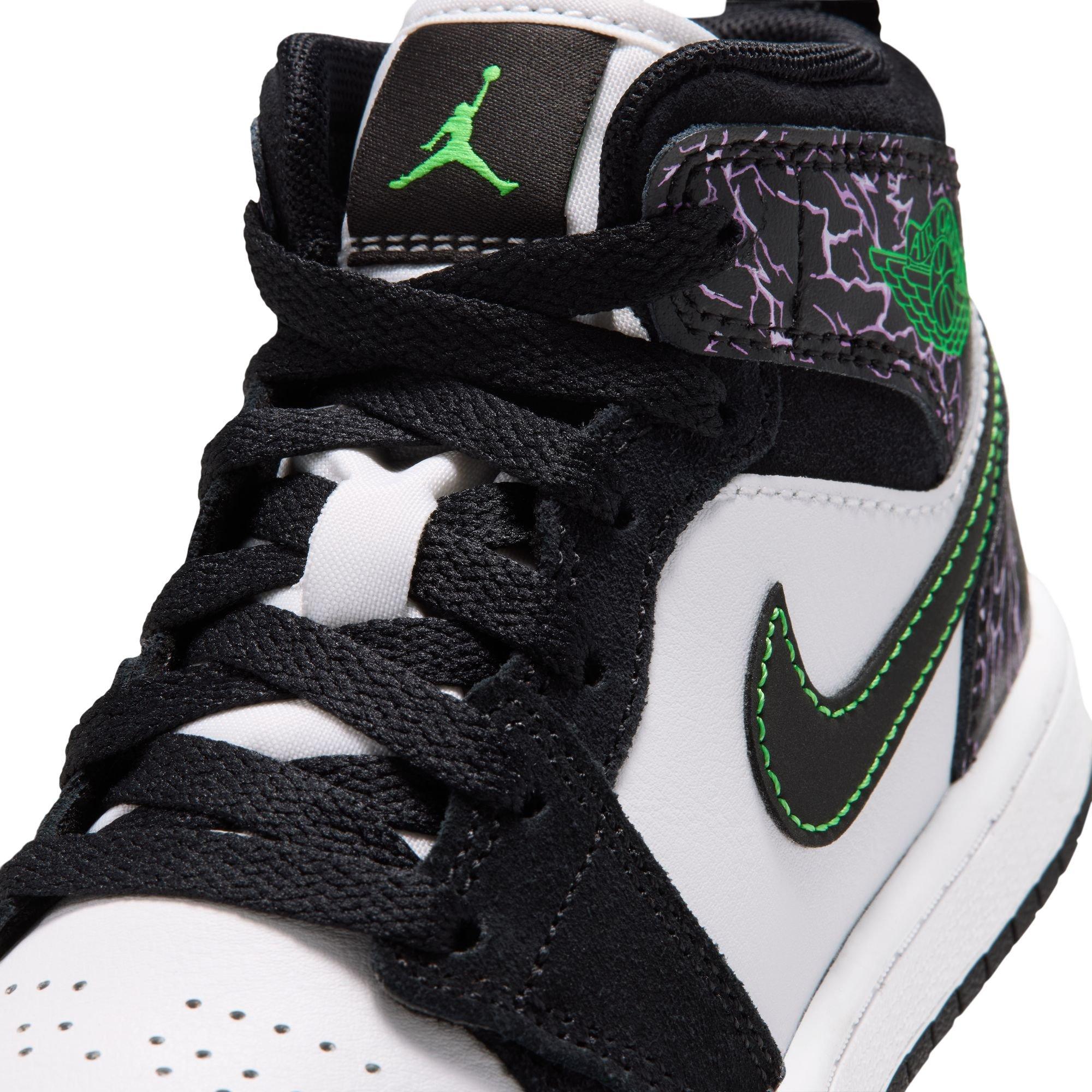 Jordan 1 Mid SE "Black/Scream Green/Summit White" Preschool Boys' Shoe - BLACK/GREEN/PURPLE