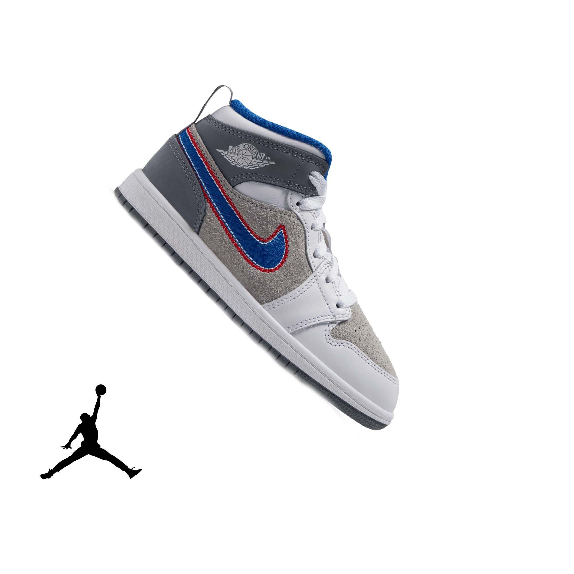 Jordan 1 Mid SE "Hare" Preschool Kids' Shoe - LT SMOKE GREY/VARSITY ROYAL