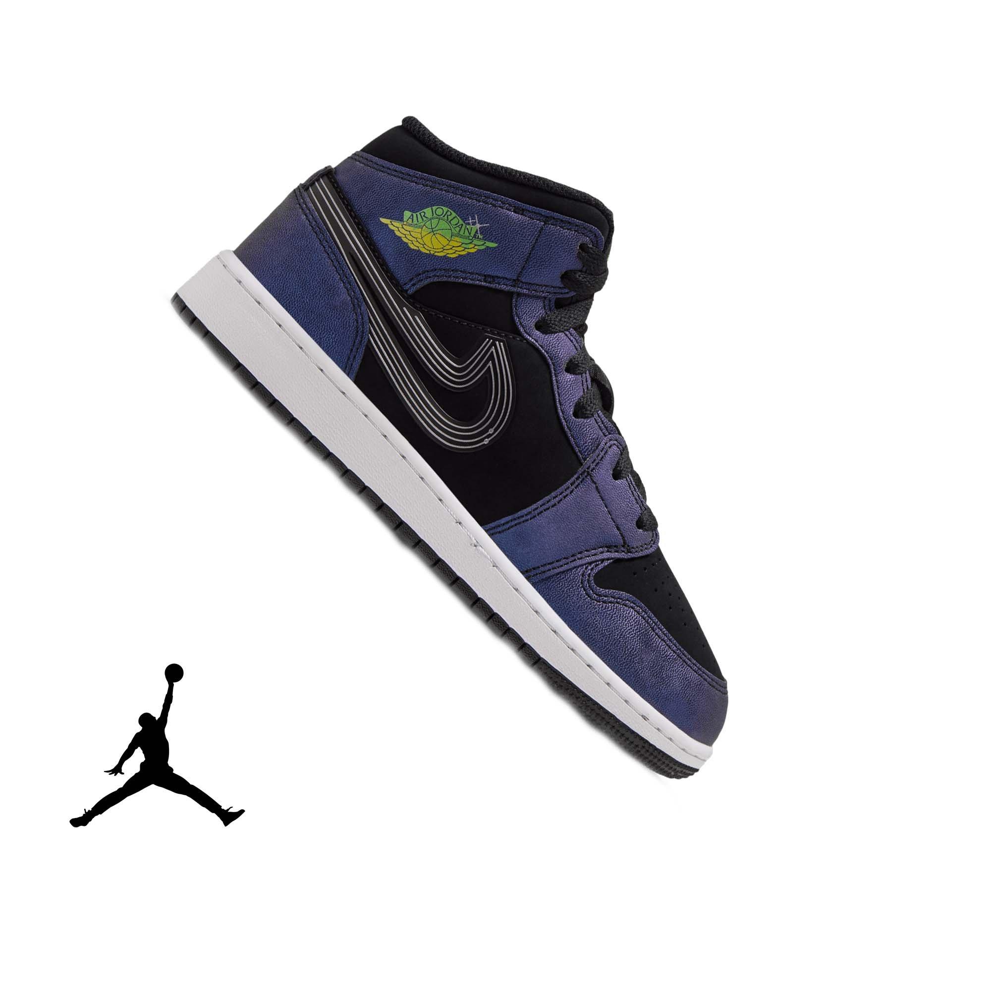 Jordan 1 Mid SE "Space Jam" Grade School Kids' Shoe - BLACK/YELLOW ZEST/ACTION GREEN